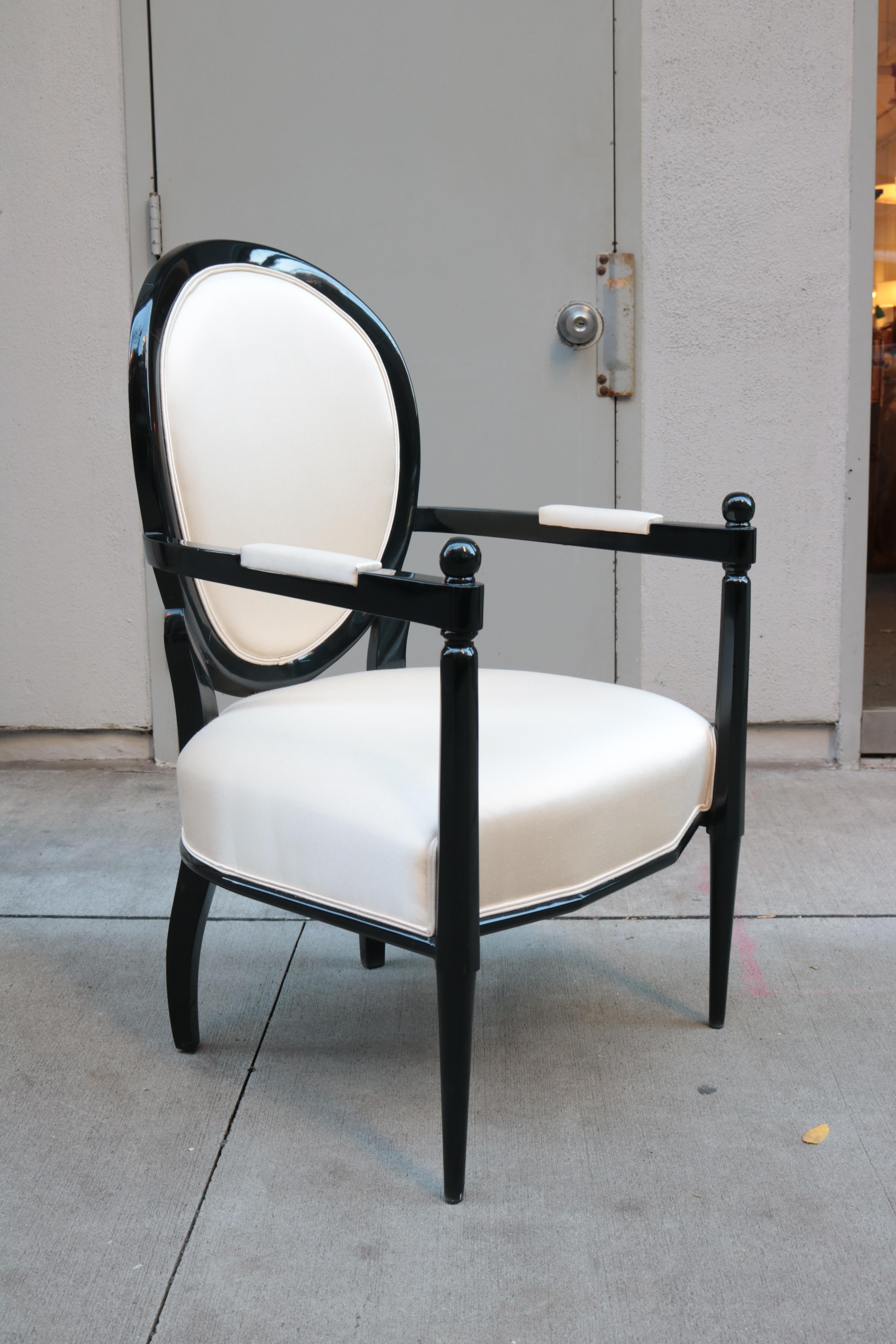 French Pair of Neoclassically Inspired Ebonized Armchairs