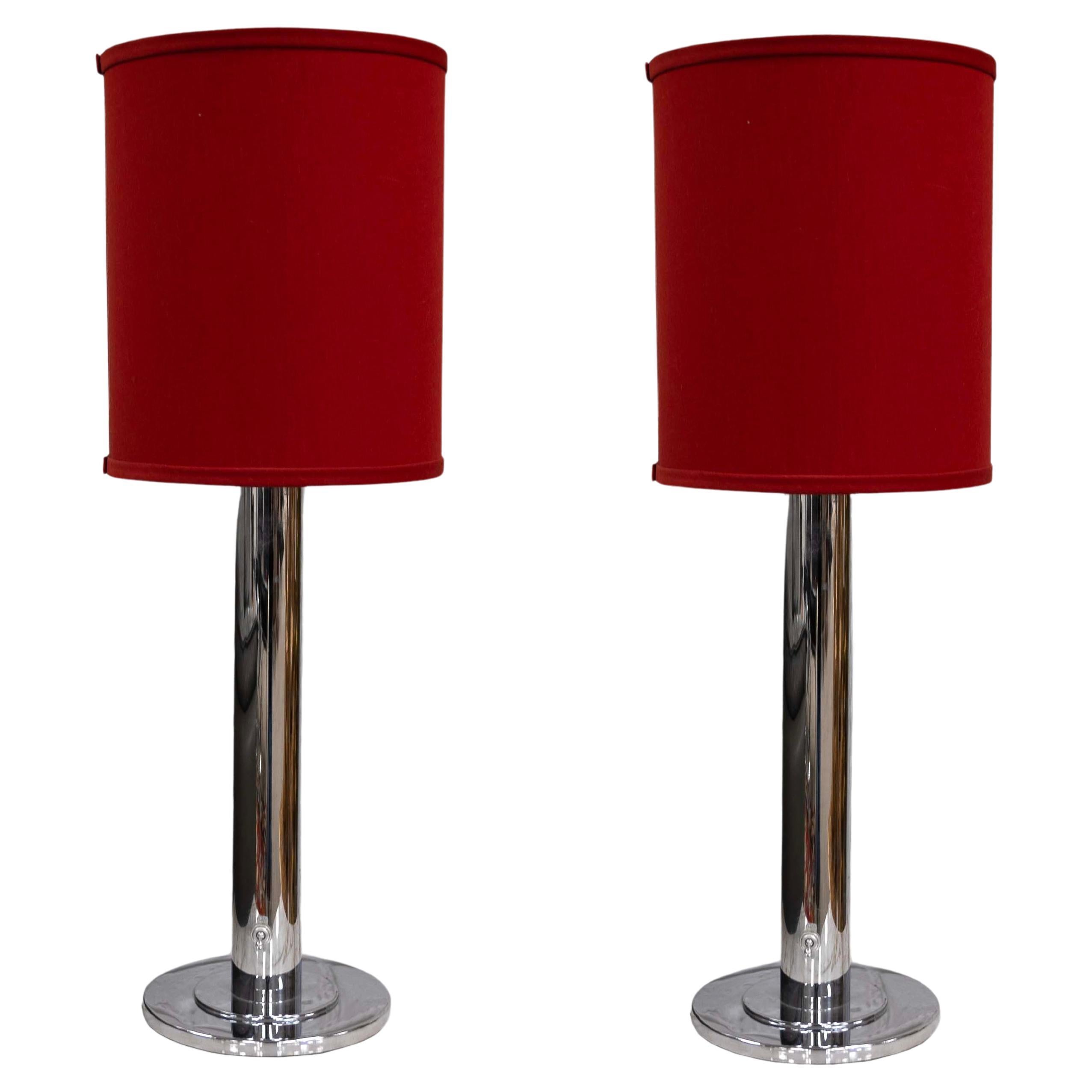 Pair of Nessen Lighting Chrome Table Lamps with Red Shades Contemporary Modern For Sale