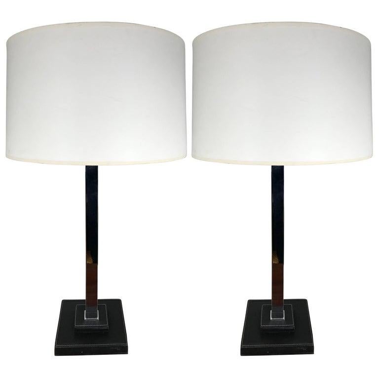 American Pair of Nessen Studios Leather and Chrome Table Lamps