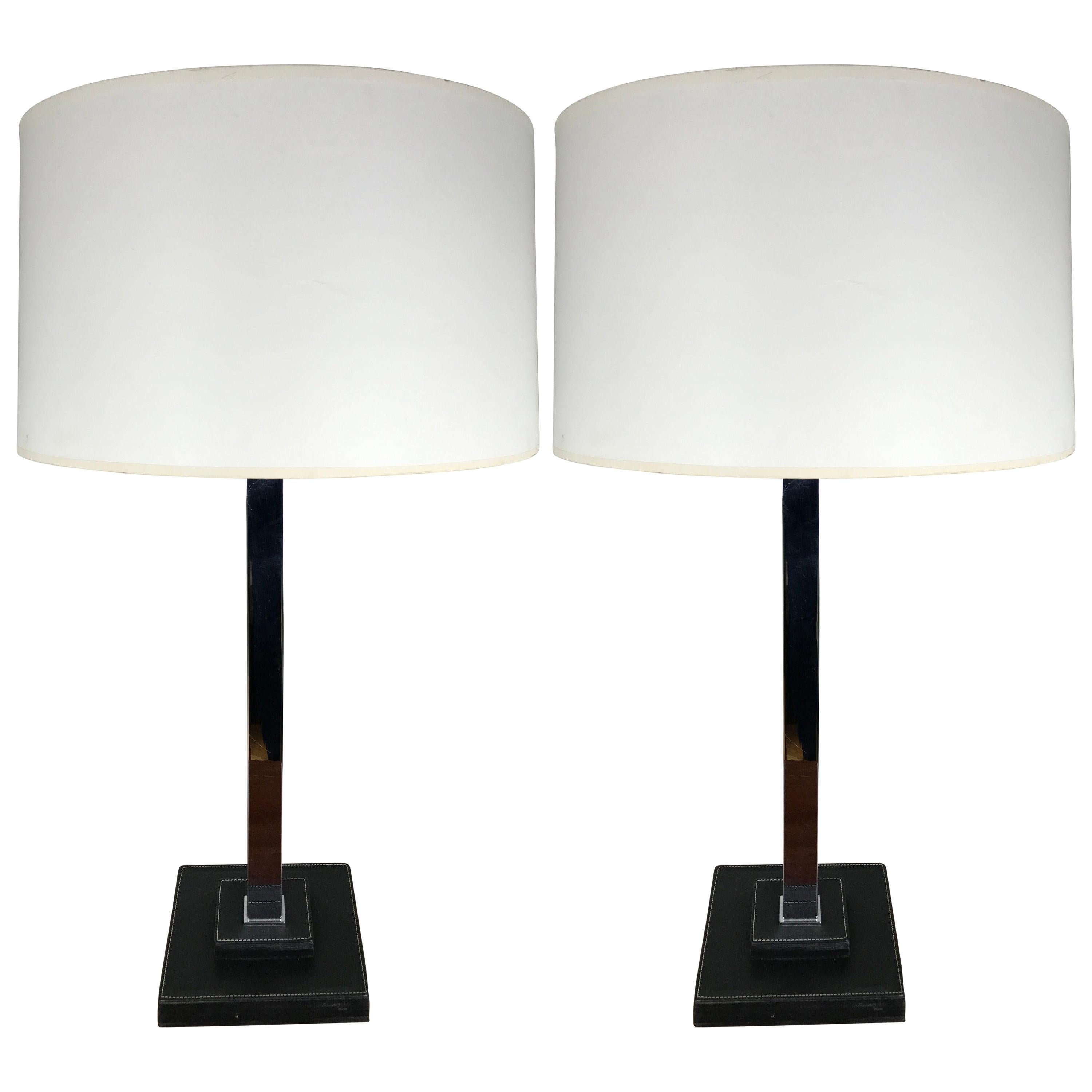 Pair of Nessen Studios Leather and Chrome Table Lamps