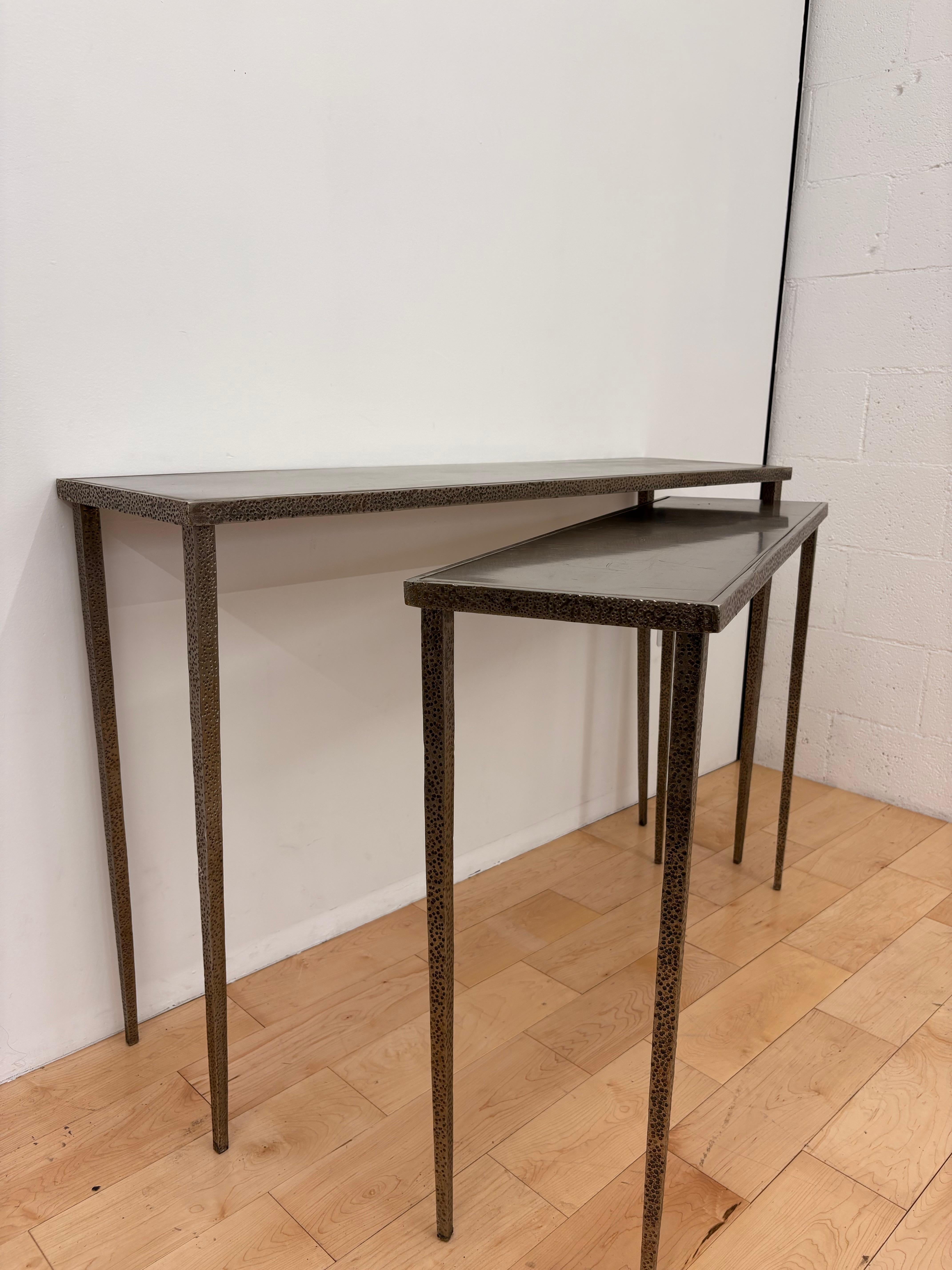 Pair of nesting Brutalist Stainless Steel Console Table, Jean Michel Frank style For Sale 4