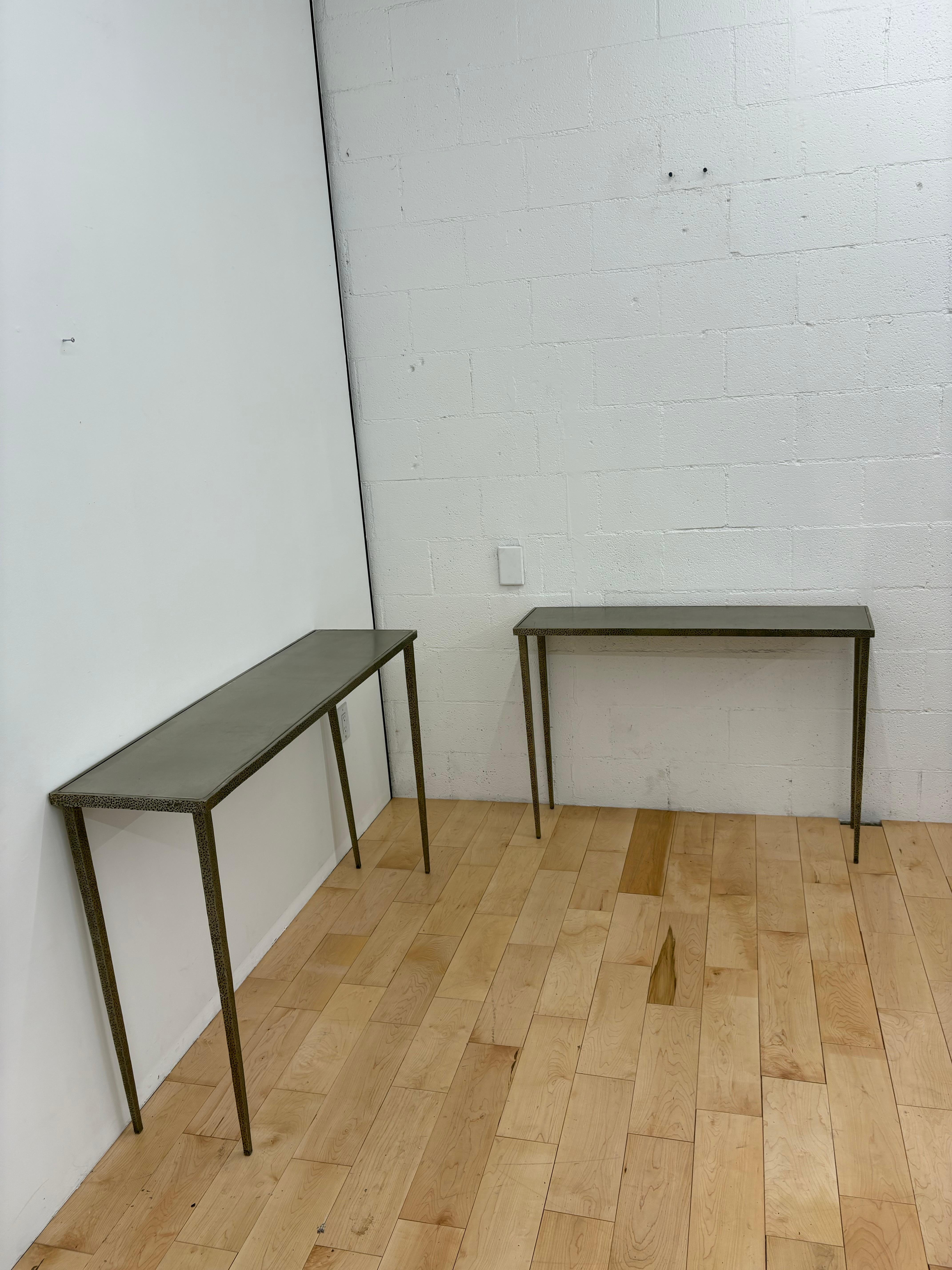 Minimalist Pair of nesting Brutalist Stainless Steel Console Table, Jean Michel Frank style For Sale