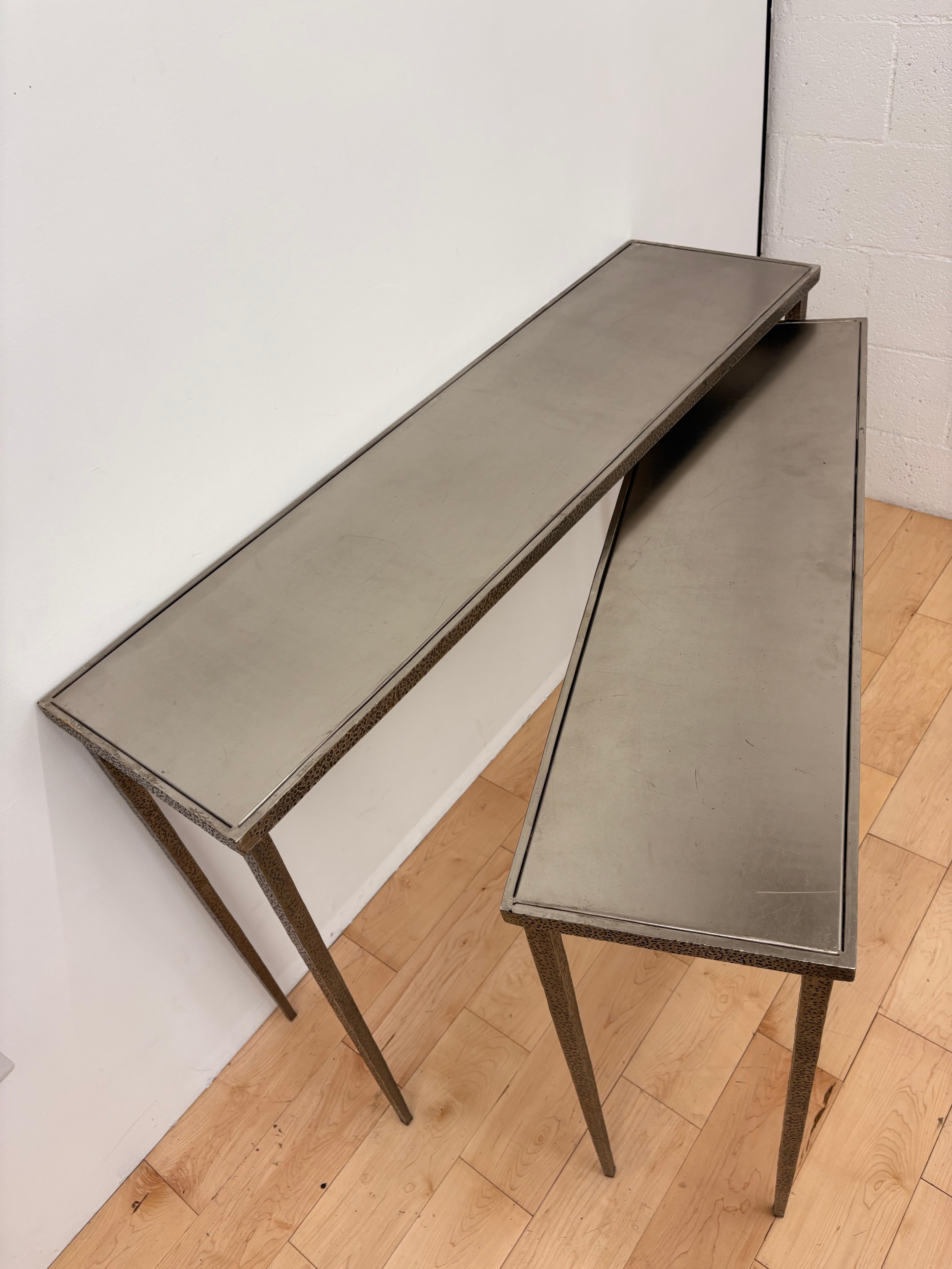 Pair of nesting Brutalist Stainless Steel Console Table, Jean Michel Frank style In Good Condition For Sale In Los Angeles, CA