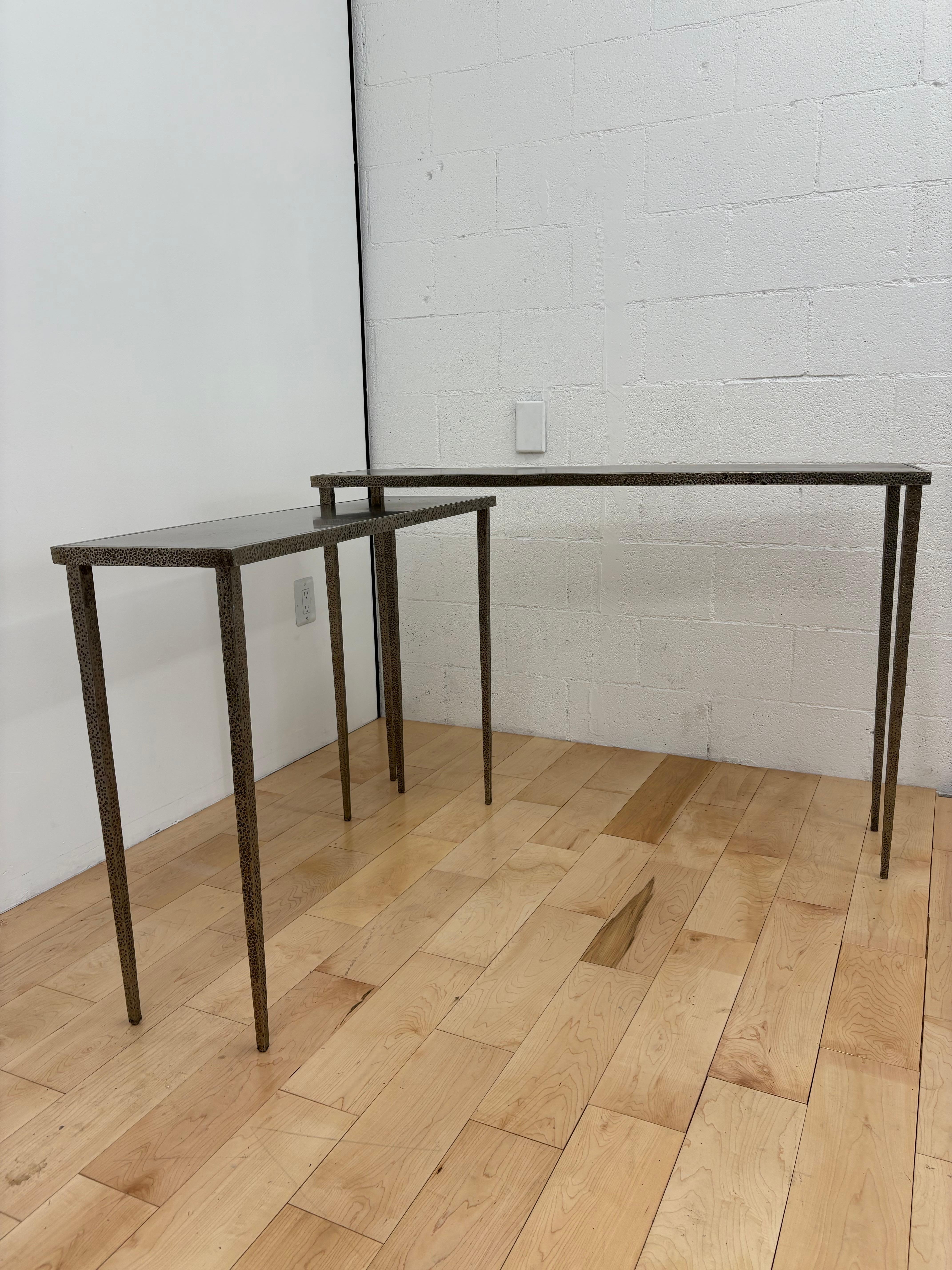 Pair of nesting Brutalist Stainless Steel Console Table, Jean Michel Frank style For Sale 3