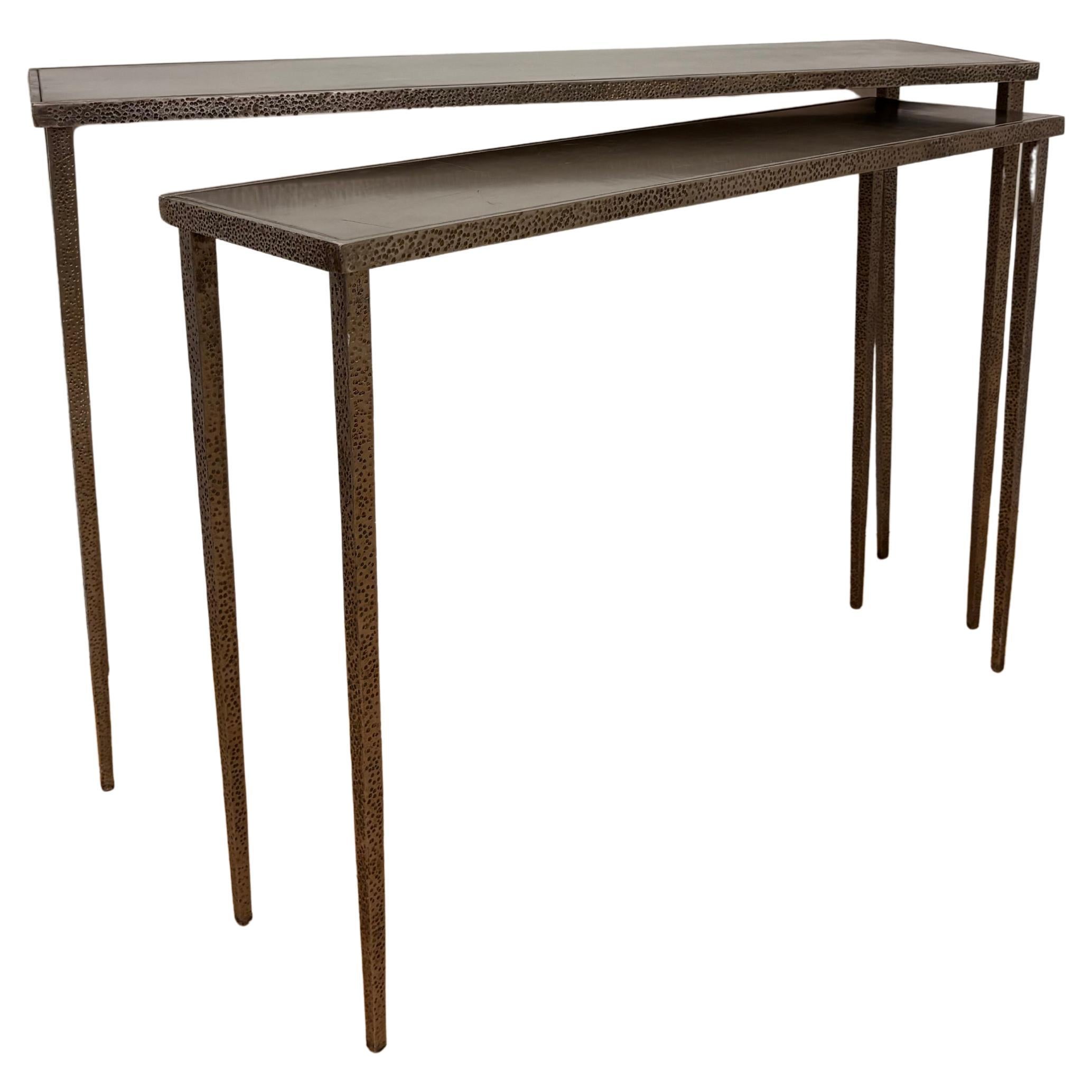 Pair of nesting Brutalist Stainless Steel Console Table, Jean Michel Frank style For Sale