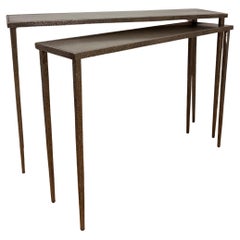 Pair of nesting Brutalist Stainless Steel Console Table, Jean Michel Frank style