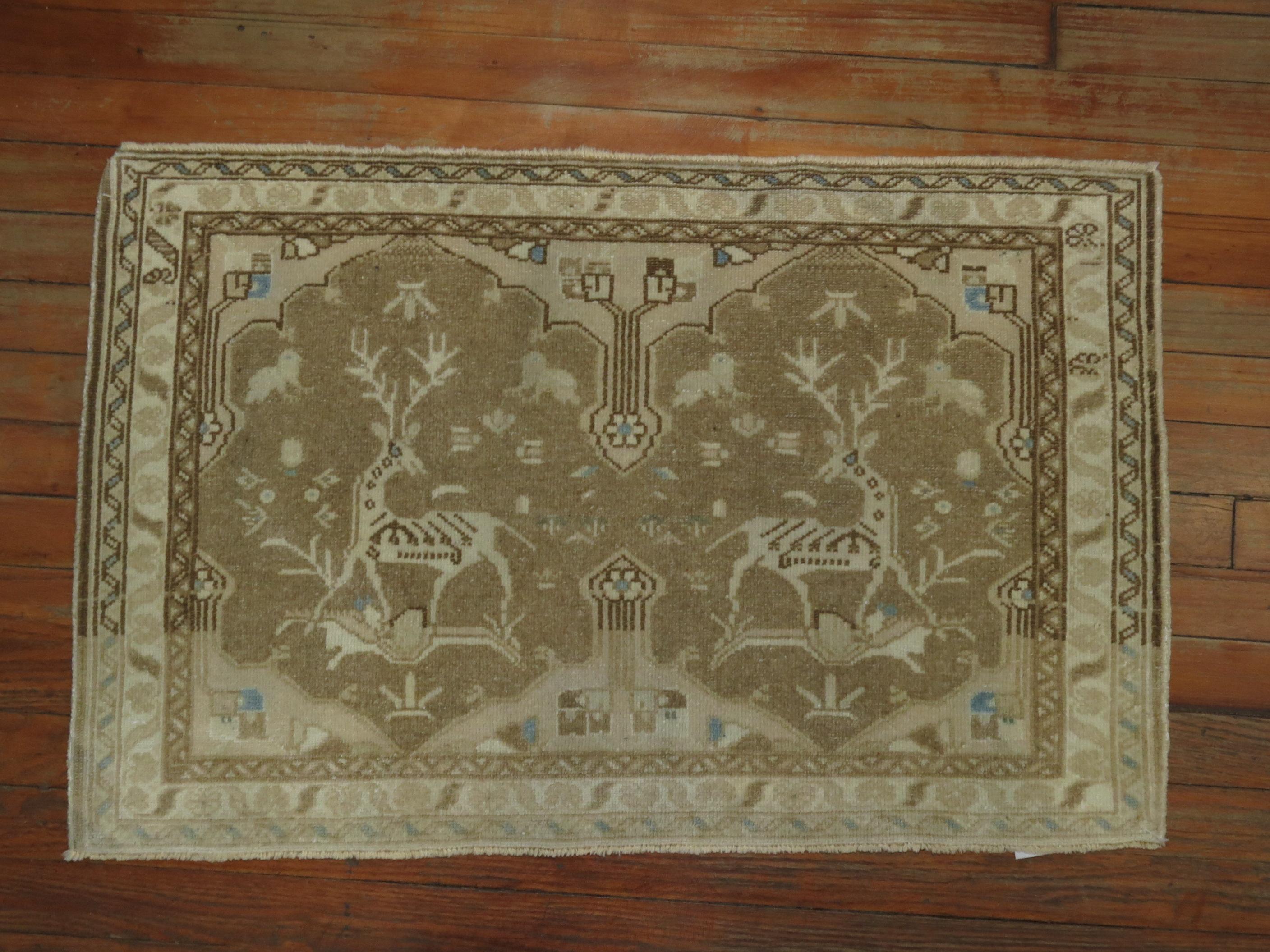 Pair of Neutral Tabriz Pictorial Reindeer Mats In Good Condition For Sale In New York, NY