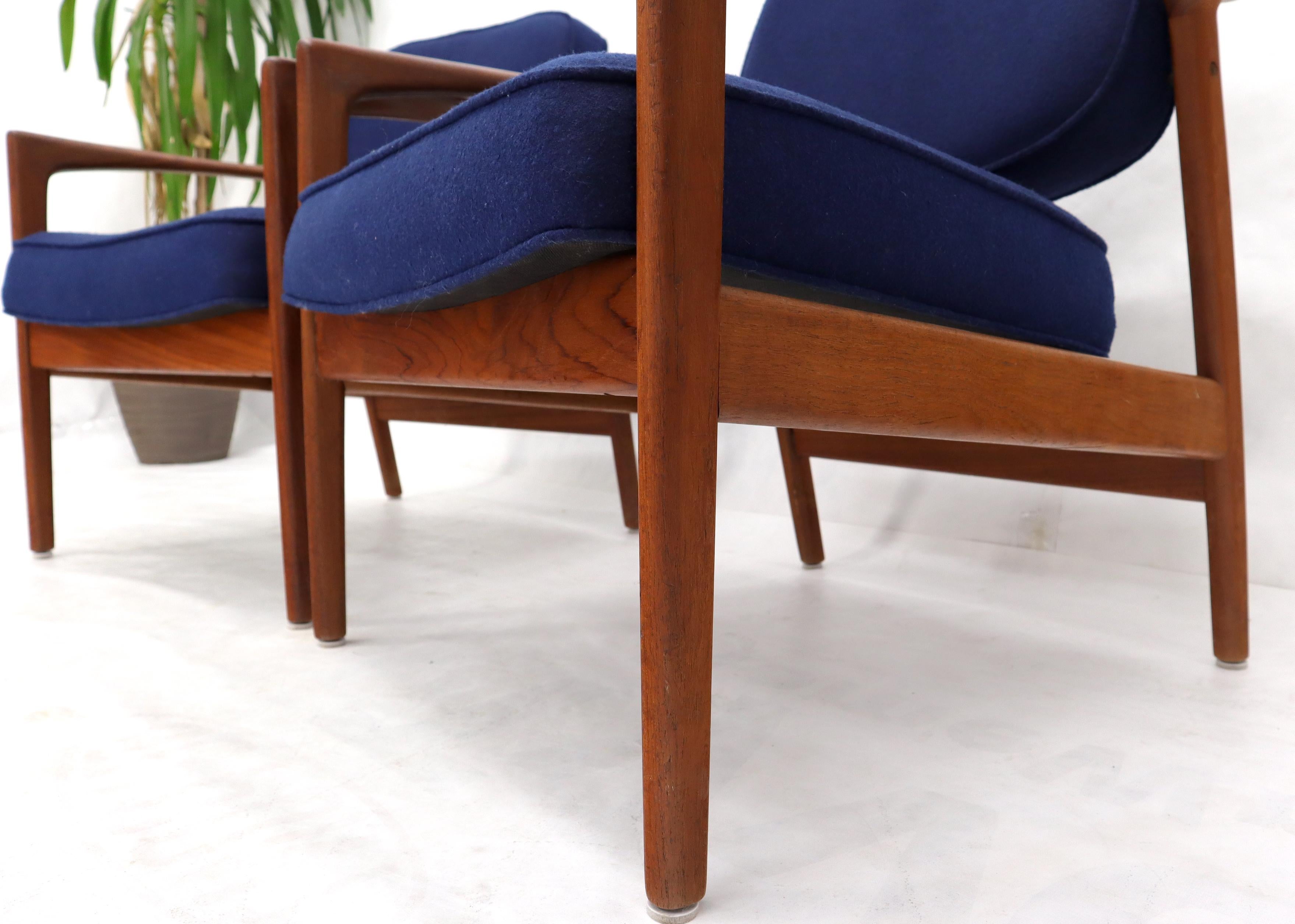 Pair of New Blue Upholstery Teak Danish Mid-Century Modern Arm Lounge Chairs For Sale 3