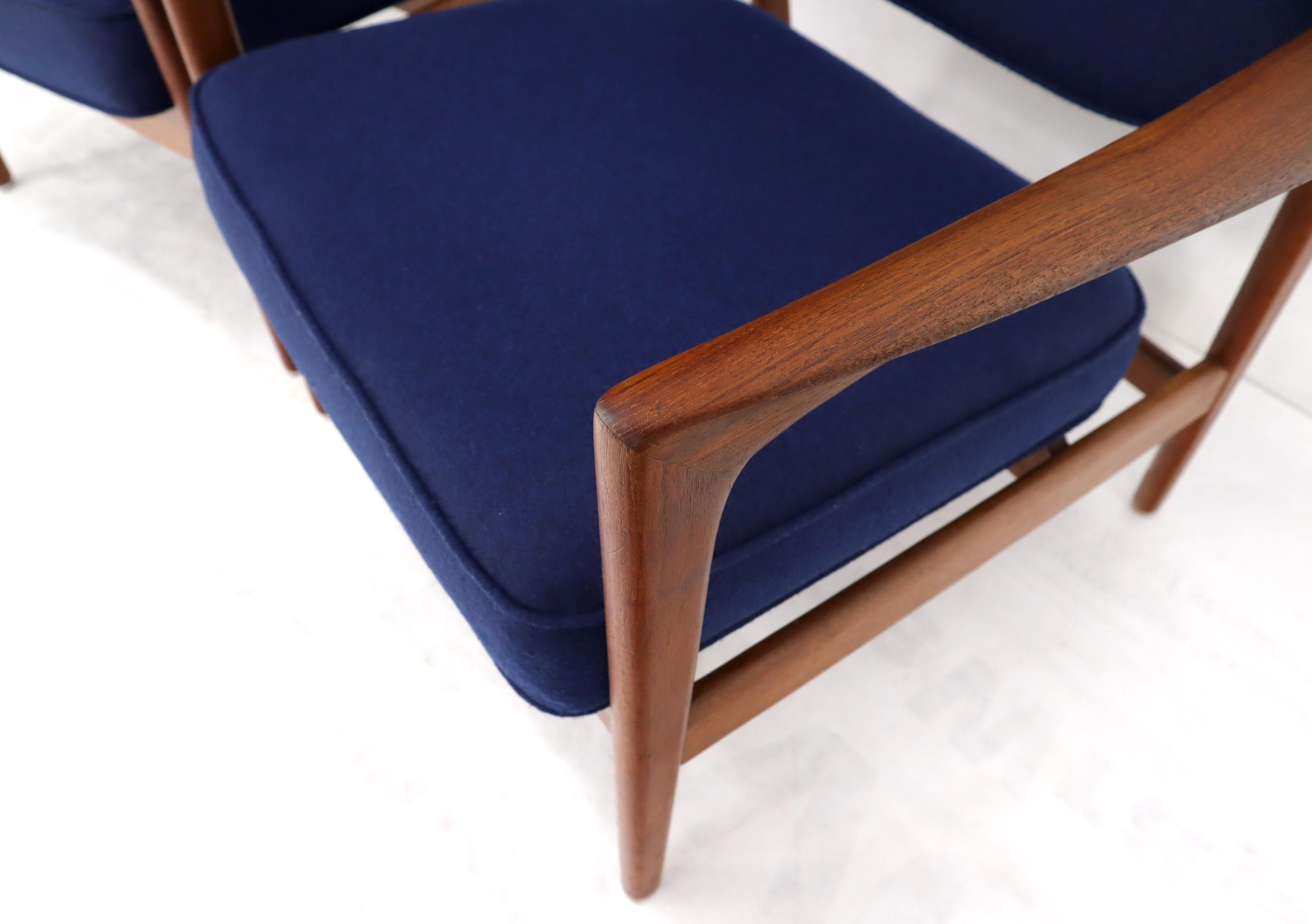 Pair of New Blue Upholstery Teak Danish Mid-Century Modern Arm Lounge Chairs For Sale 4
