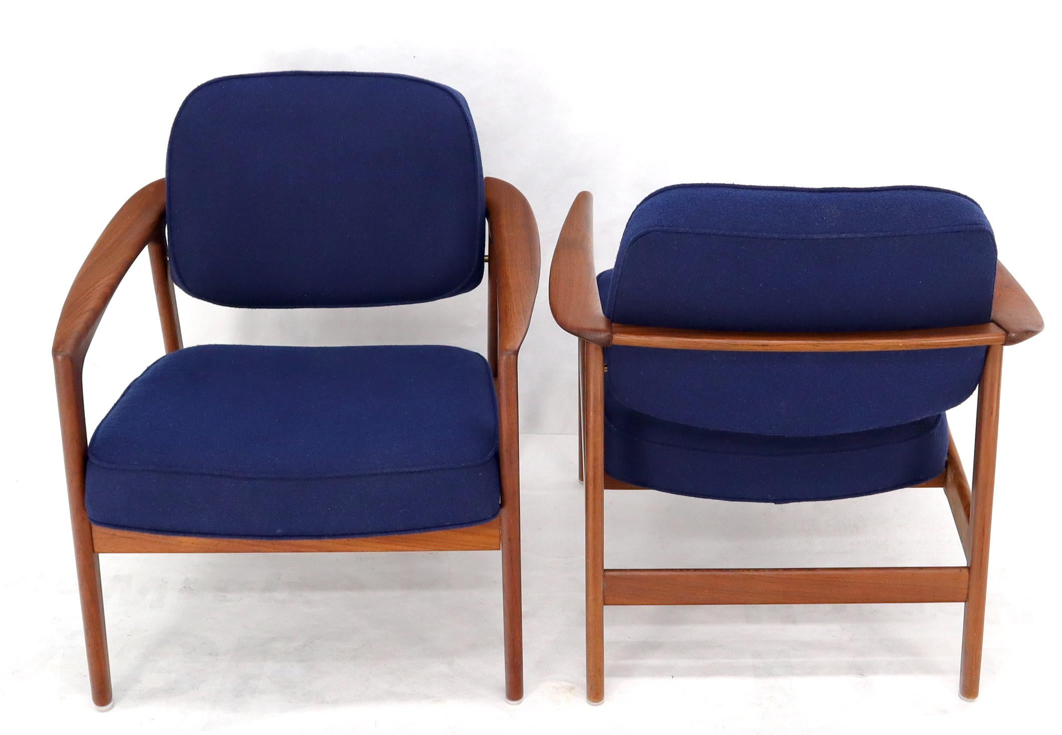 Lacquered Pair of New Blue Upholstery Teak Danish Mid-Century Modern Arm Lounge Chairs For Sale