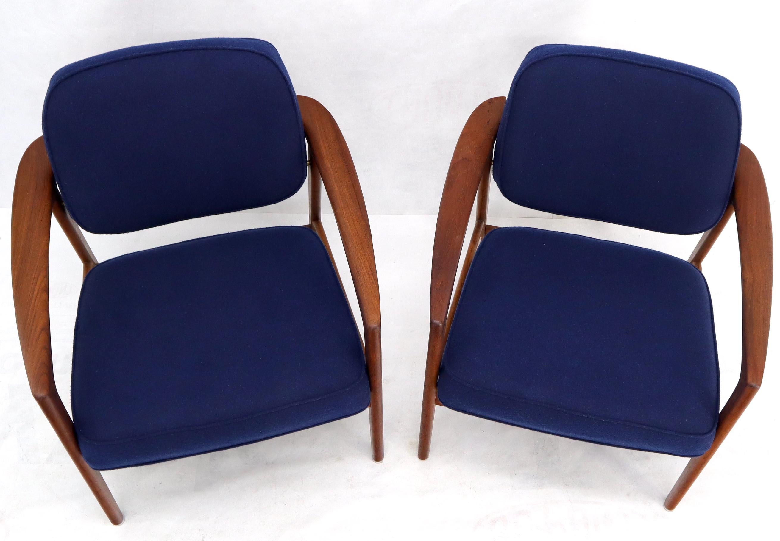 Pair of New Blue Upholstery Teak Danish Mid-Century Modern Arm Lounge Chairs For Sale 1
