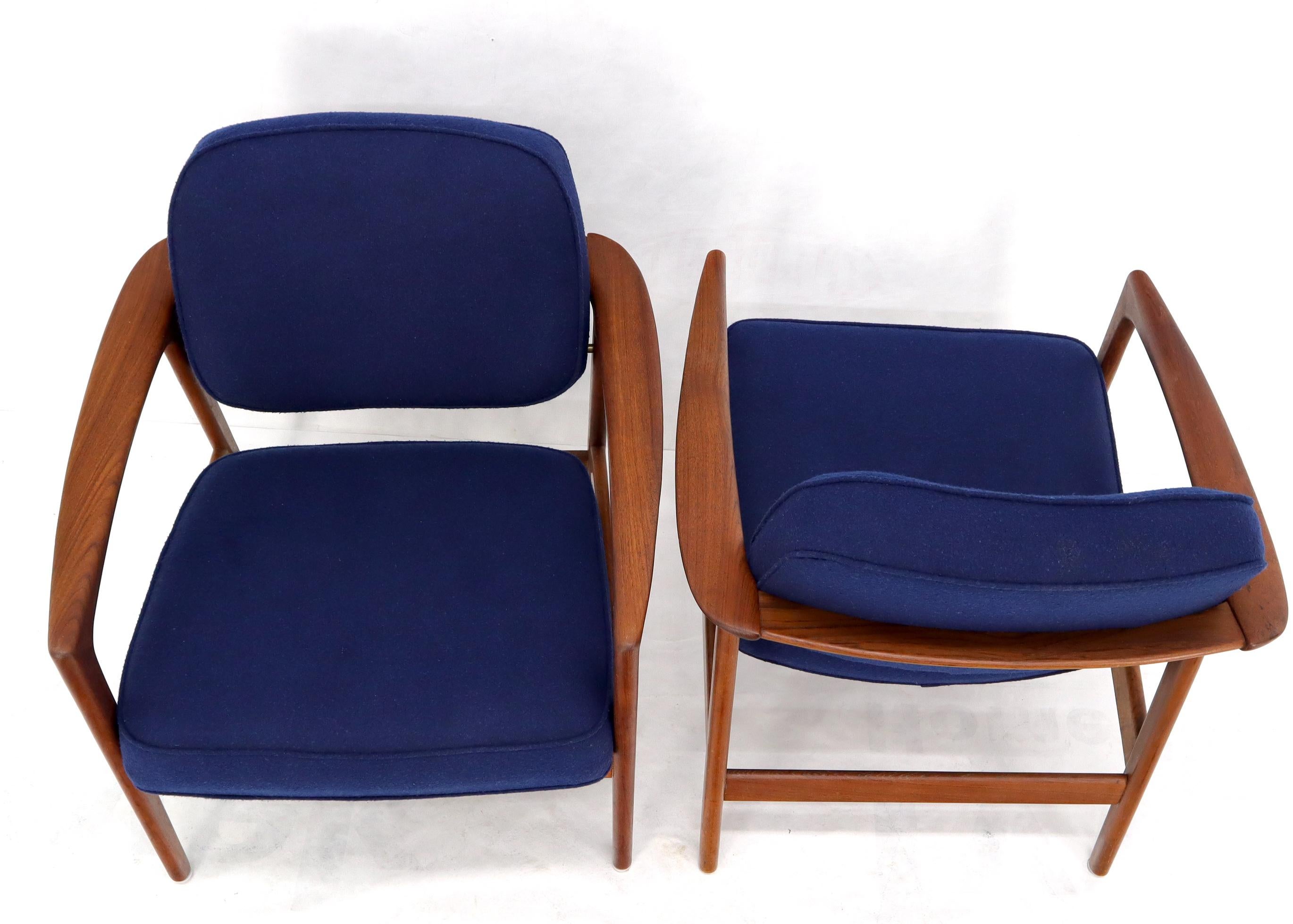 Pair of New Blue Upholstery Teak Danish Mid-Century Modern Arm Lounge Chairs For Sale 2