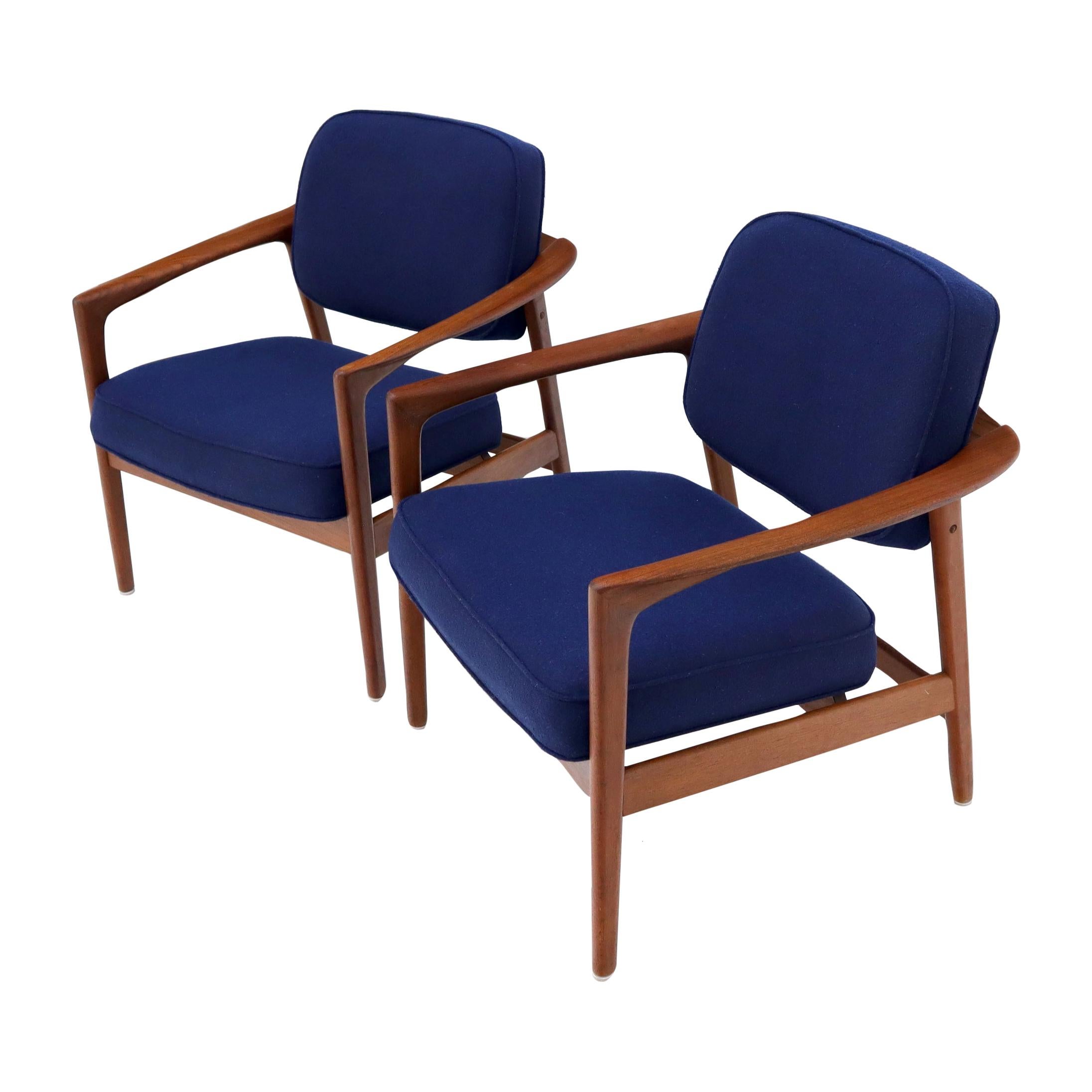 Pair of New Blue Upholstery Teak Danish Mid-Century Modern Arm Lounge Chairs For Sale