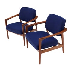 Vintage Pair of New Blue Upholstery Teak Danish Mid-Century Modern Arm Lounge Chairs