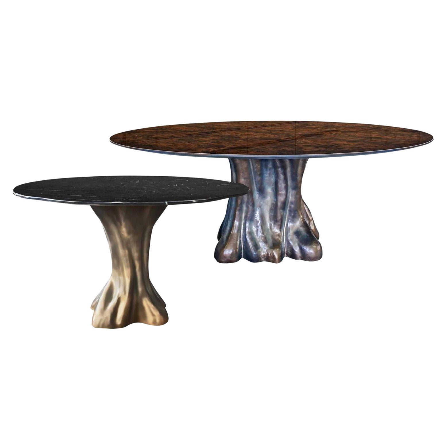 Pair of New Design Dining Tables 'Large and Smaller' Root Veneer and Marble For Sale