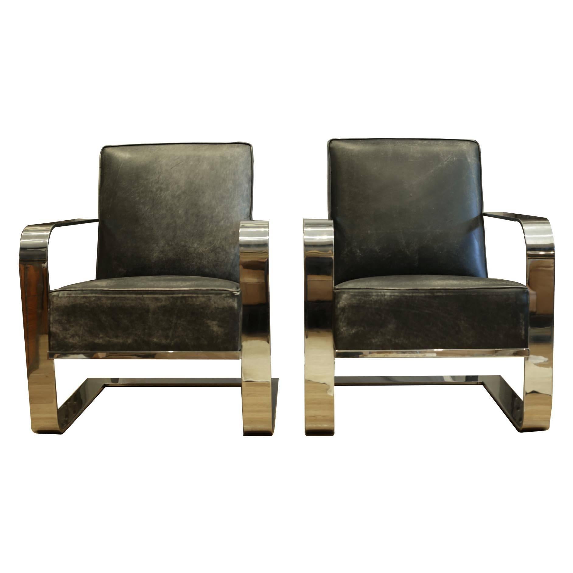 Price is per chair. May sell individually.

Pair of Ralph Lauren lounge chairs with heavy chrome detailing in the arms, legs and the back. Beautiful high grade distressed black leather. 
Very comfortable with a slight bounce like a rocking chair.