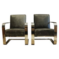 Pair of New Distressed Leather and Chrome Ralph Lauren Home Lounge Chairs