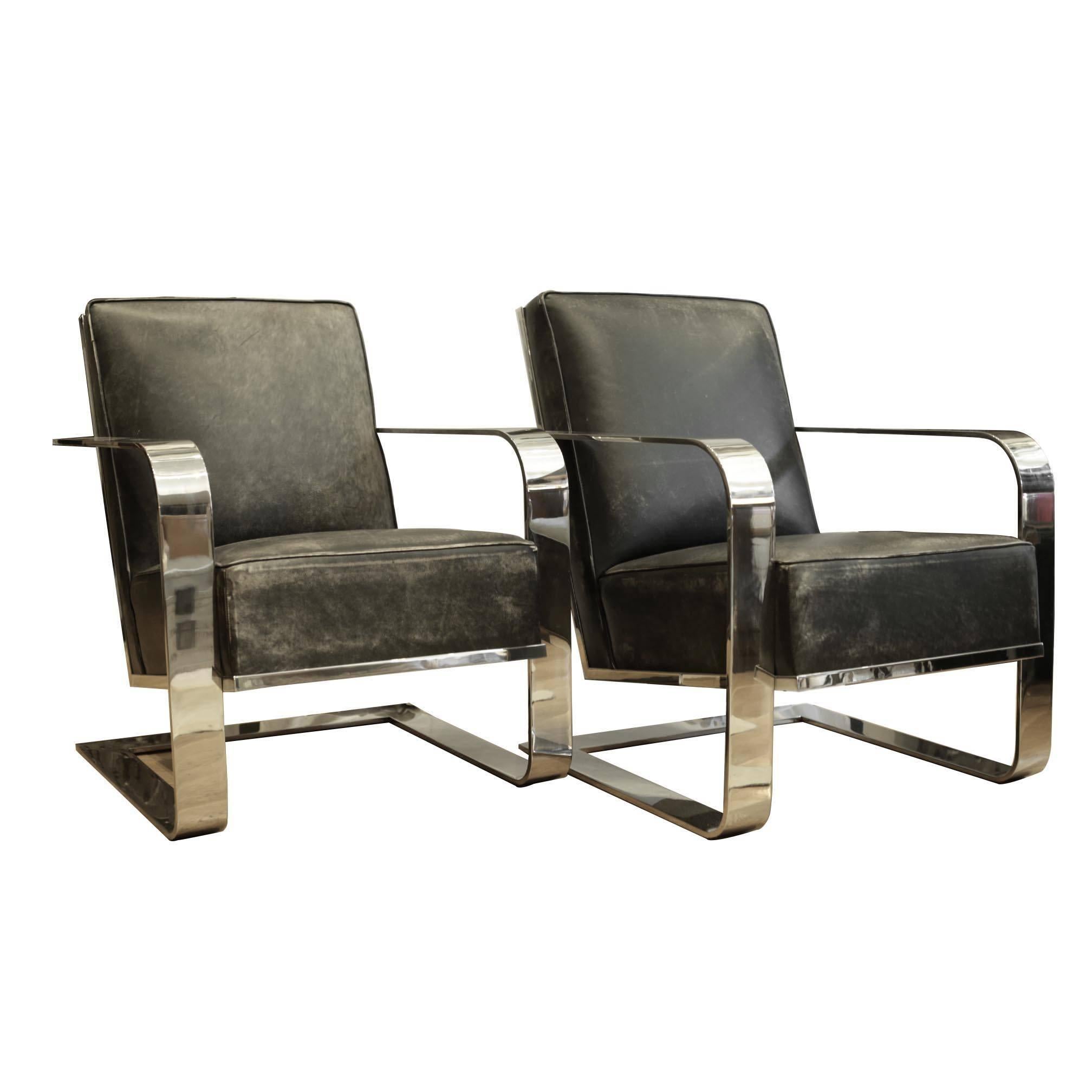 Pair of New Distressed Leather and Chrome Ralph Lauren Home Lounge Chairs  at 1stDibs
