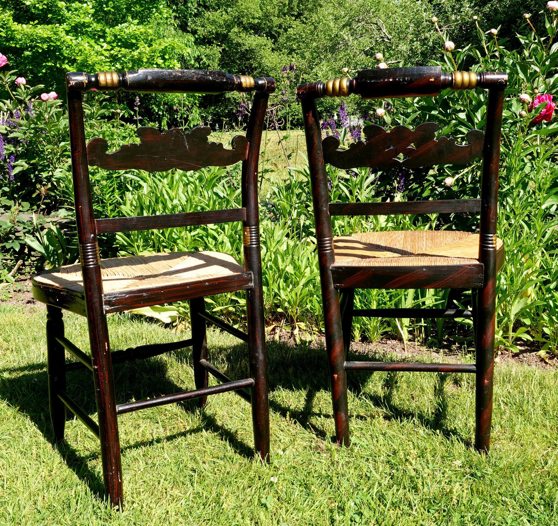 Pair of New England Hitchcock Style Chairs with Woven Rush Seats 5