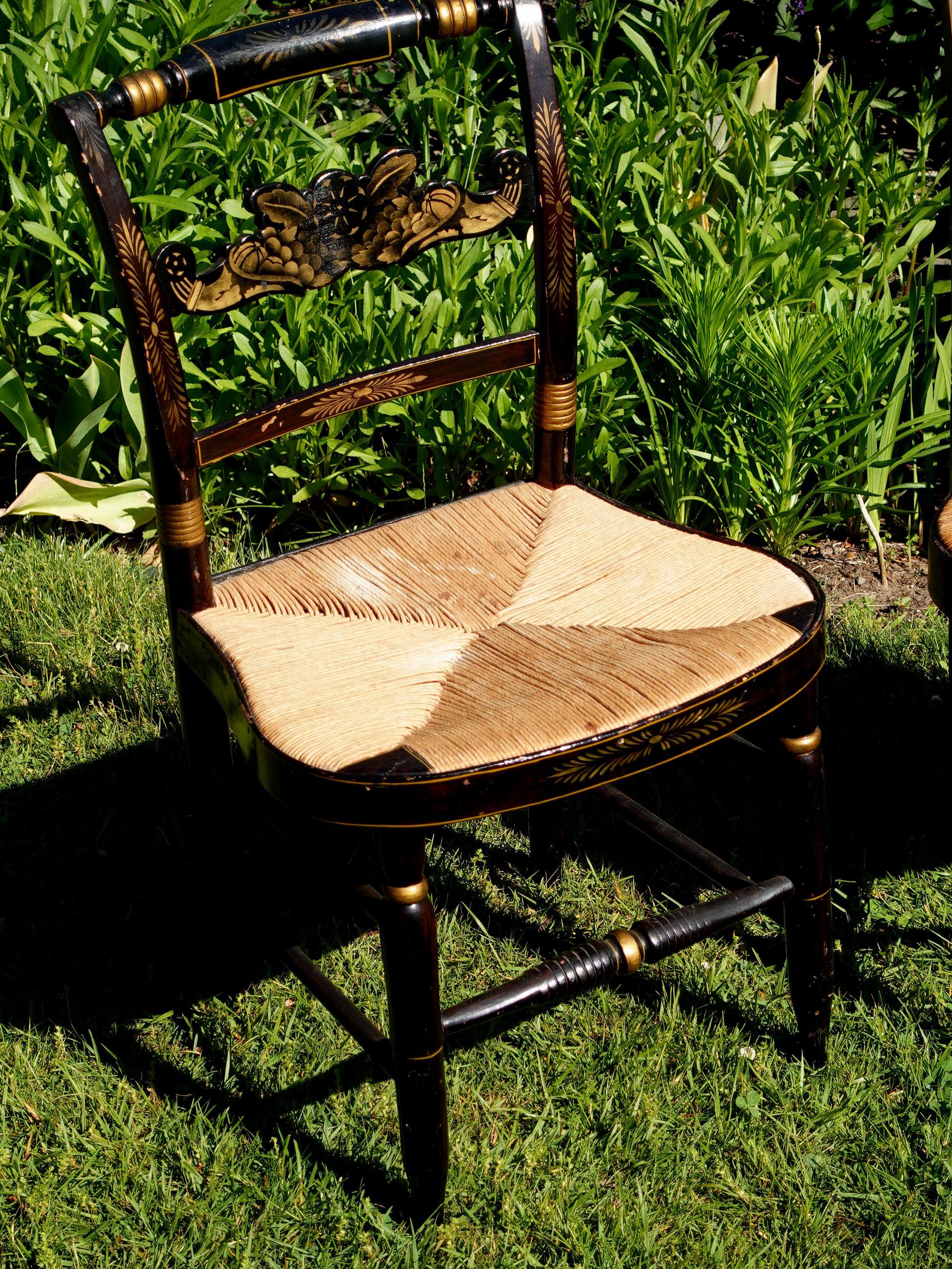 Hand-Carved Pair of New England Hitchcock Style Chairs with Woven Rush Seats