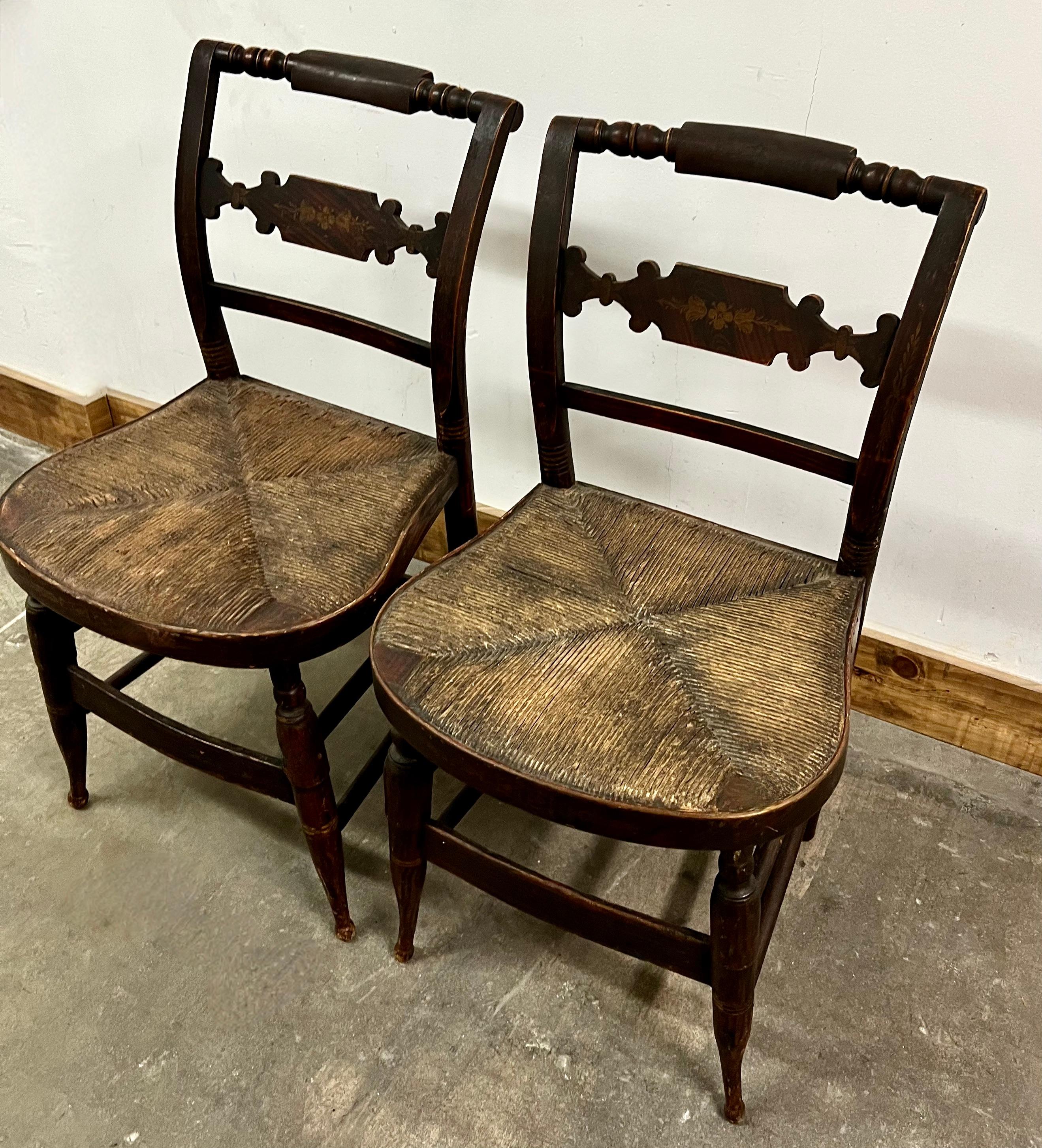 Hand-Painted Pair of New England Hitchcock Style Chairs with Woven Rush Seats For Sale