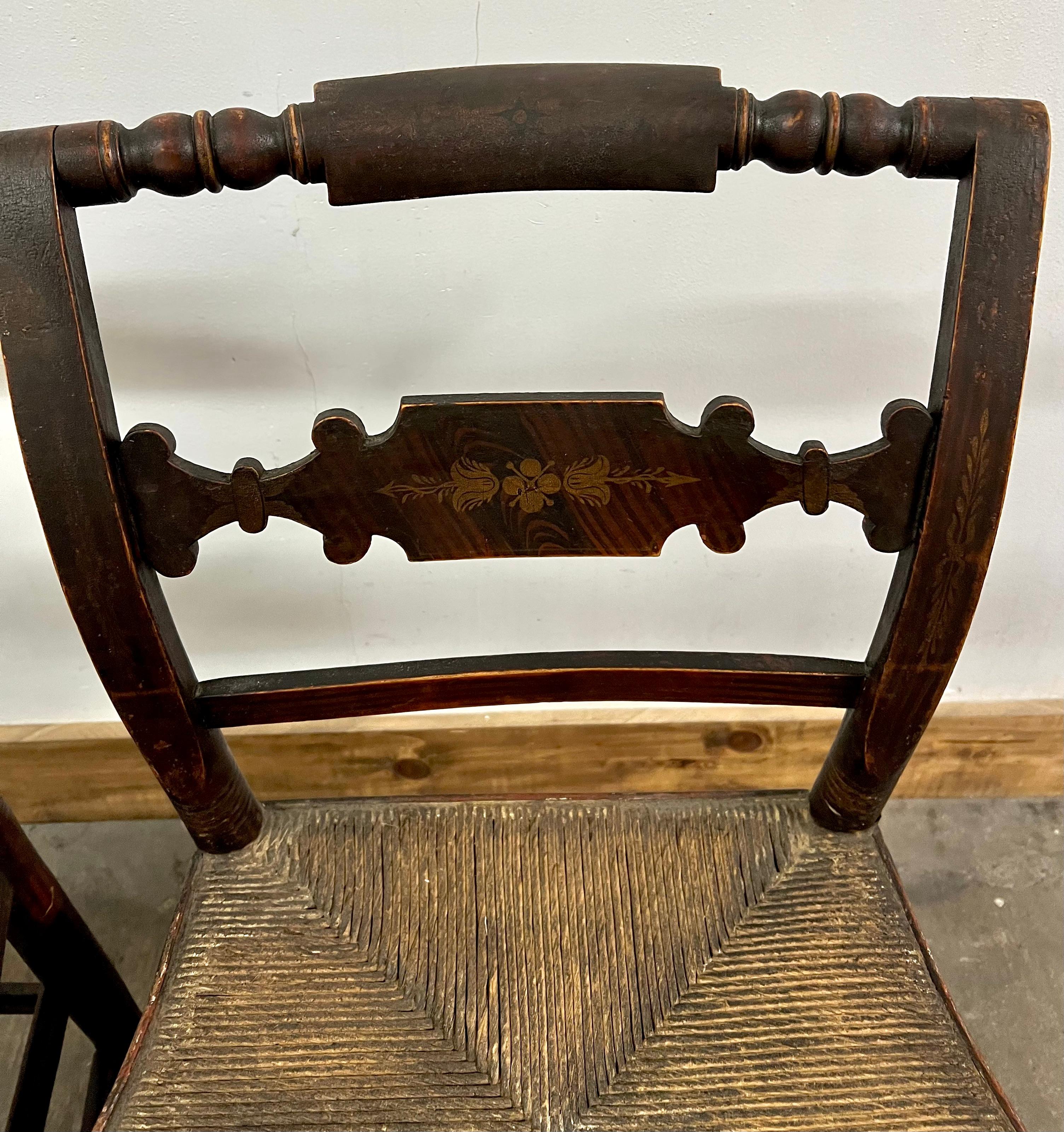 19th Century Pair of New England Hitchcock Style Chairs with Woven Rush Seats For Sale
