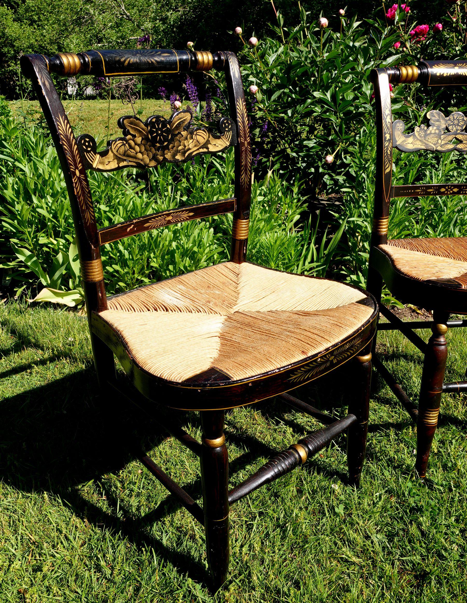 Pair of New England Hitchcock Style Chairs with Woven Rush Seats 1