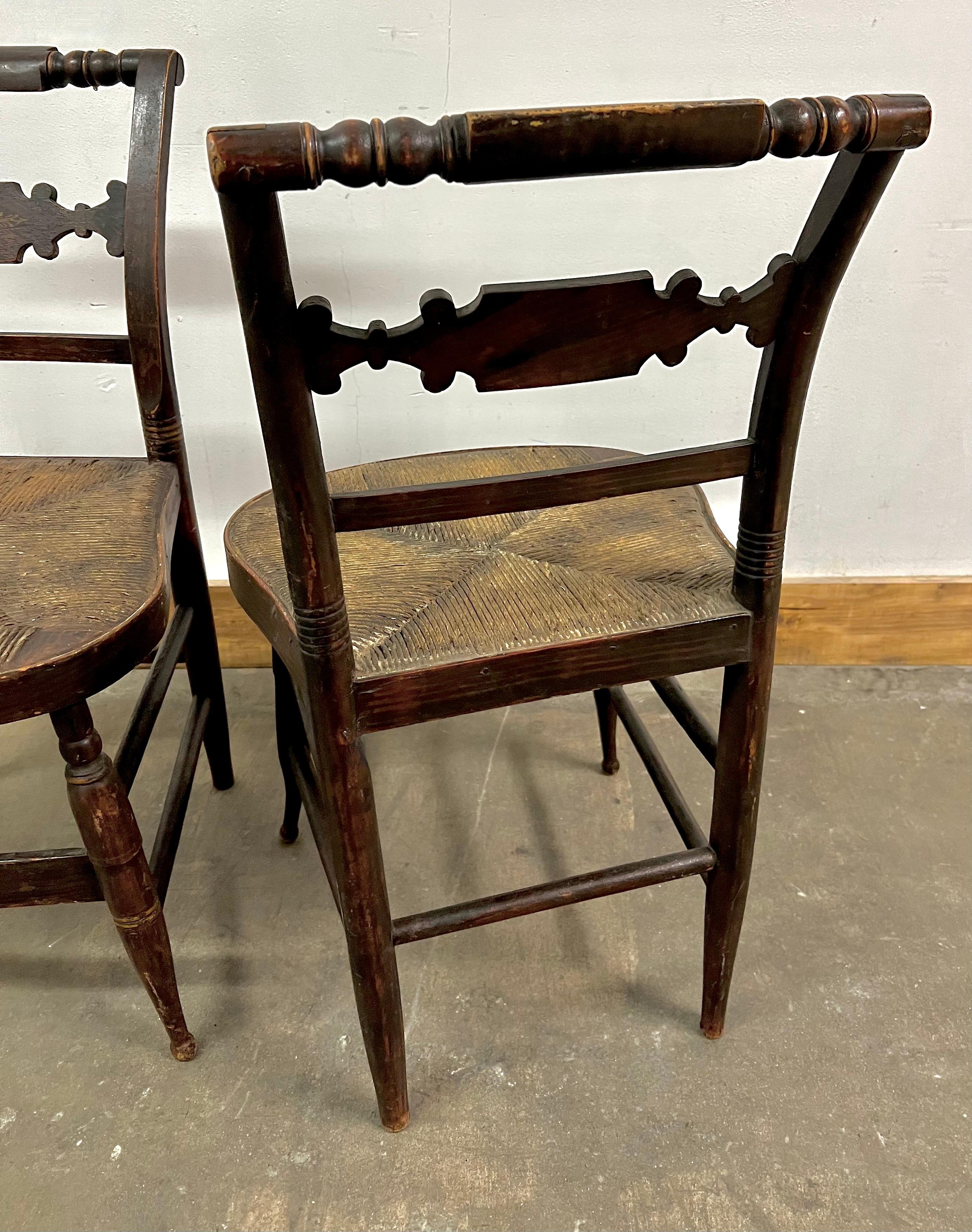 Pair of New England Hitchcock Style Chairs with Woven Rush Seats For Sale 3