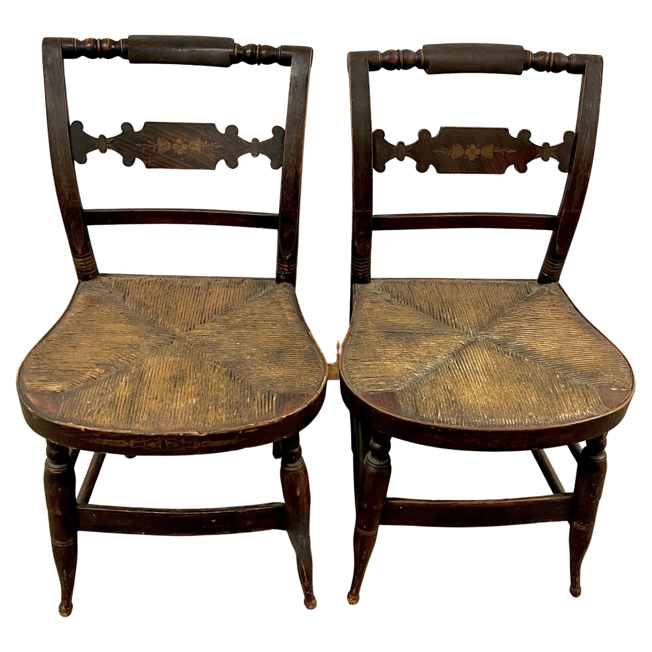 Pair of New England Hitchcock Style Chairs with Woven Rush Seats For Sale