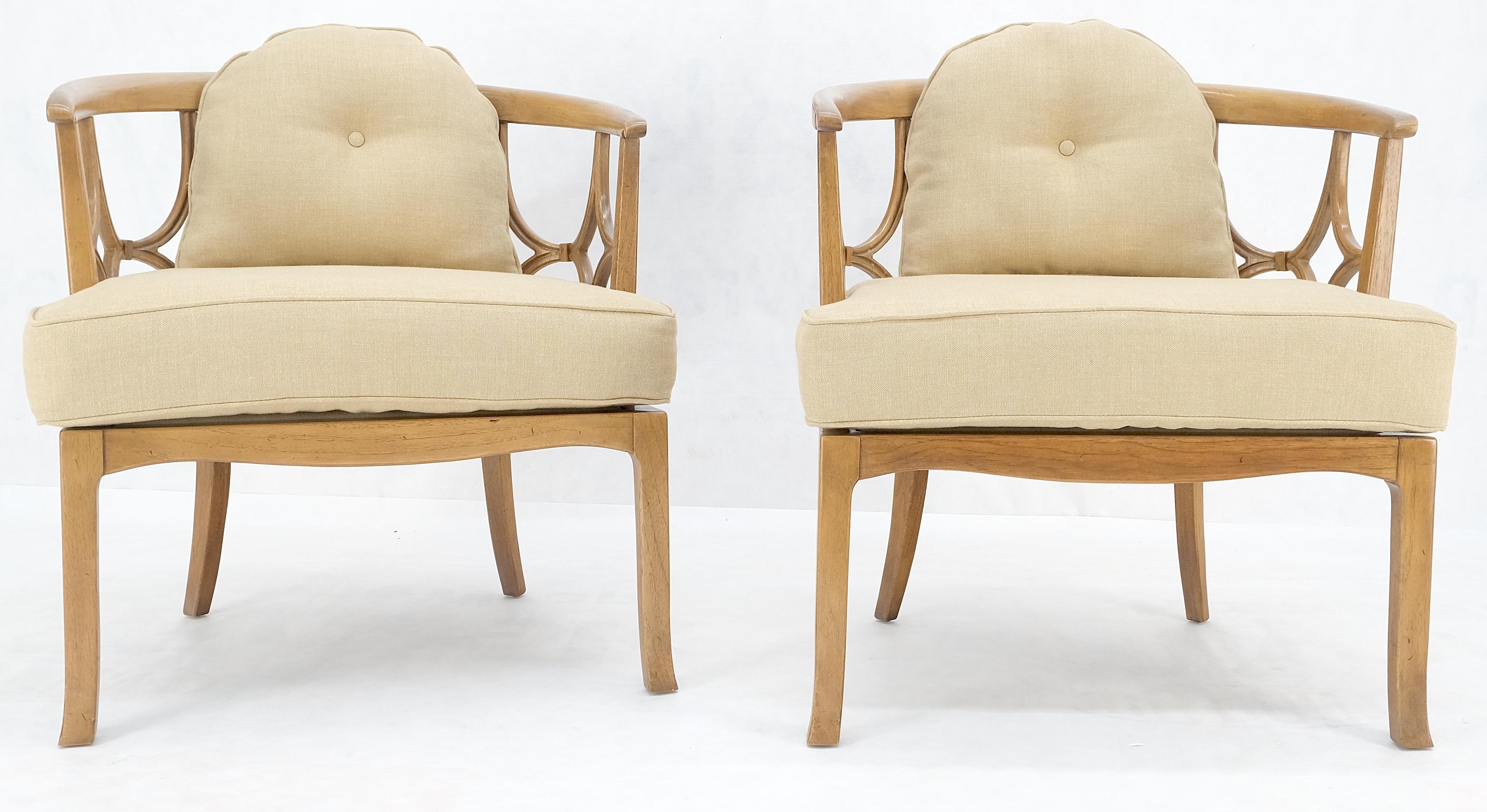 Lacquered Pair of New Gold Linen Upholstery Barrel Back Wrap Around Lounge Arm Chairs MINT For Sale