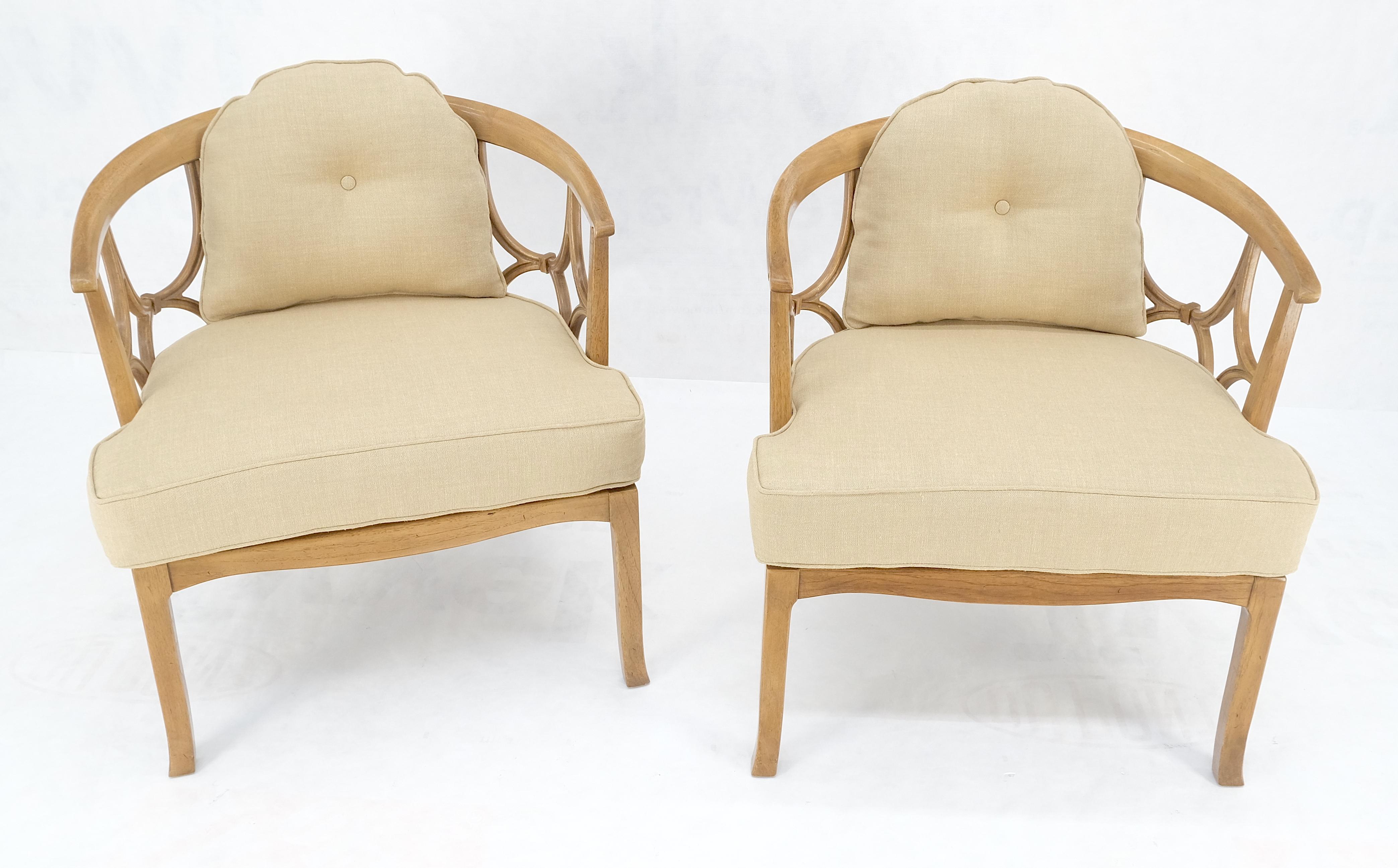 20th Century Pair of New Gold Linen Upholstery Barrel Back Wrap Around Lounge Arm Chairs MINT For Sale