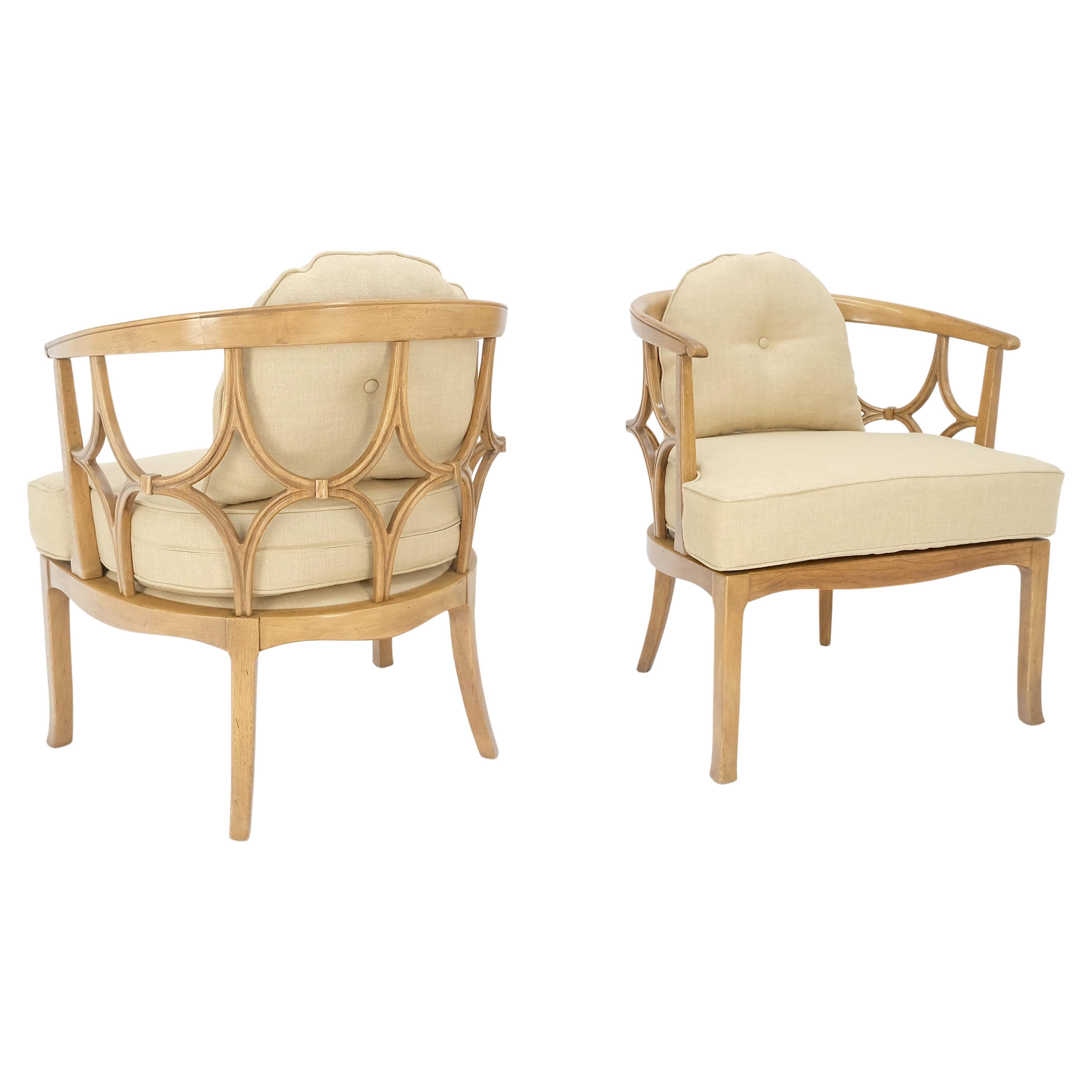 Pair of New Gold Linen Upholstery Barrel Back Wrap Around Lounge Arm Chairs MINT For Sale