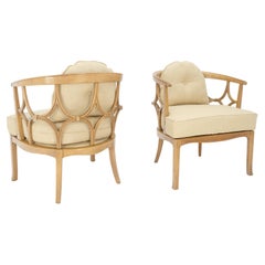 Pair of New Gold Linen Upholstery Barrel Back Wrap Around Lounge Arm Chairs MINT