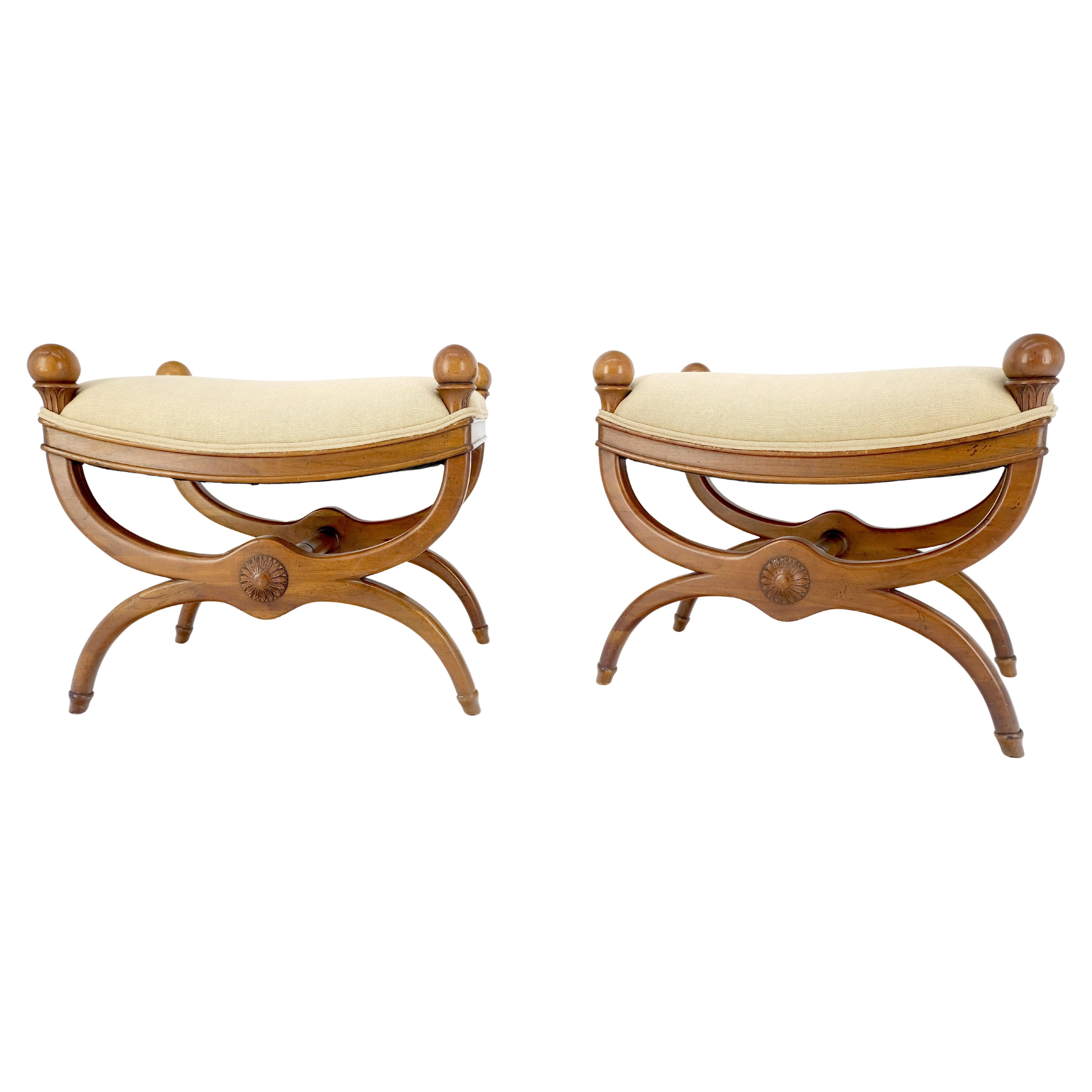 Pair of New Linen Upholstery French Empire Style Ball Finials Benches MINT!