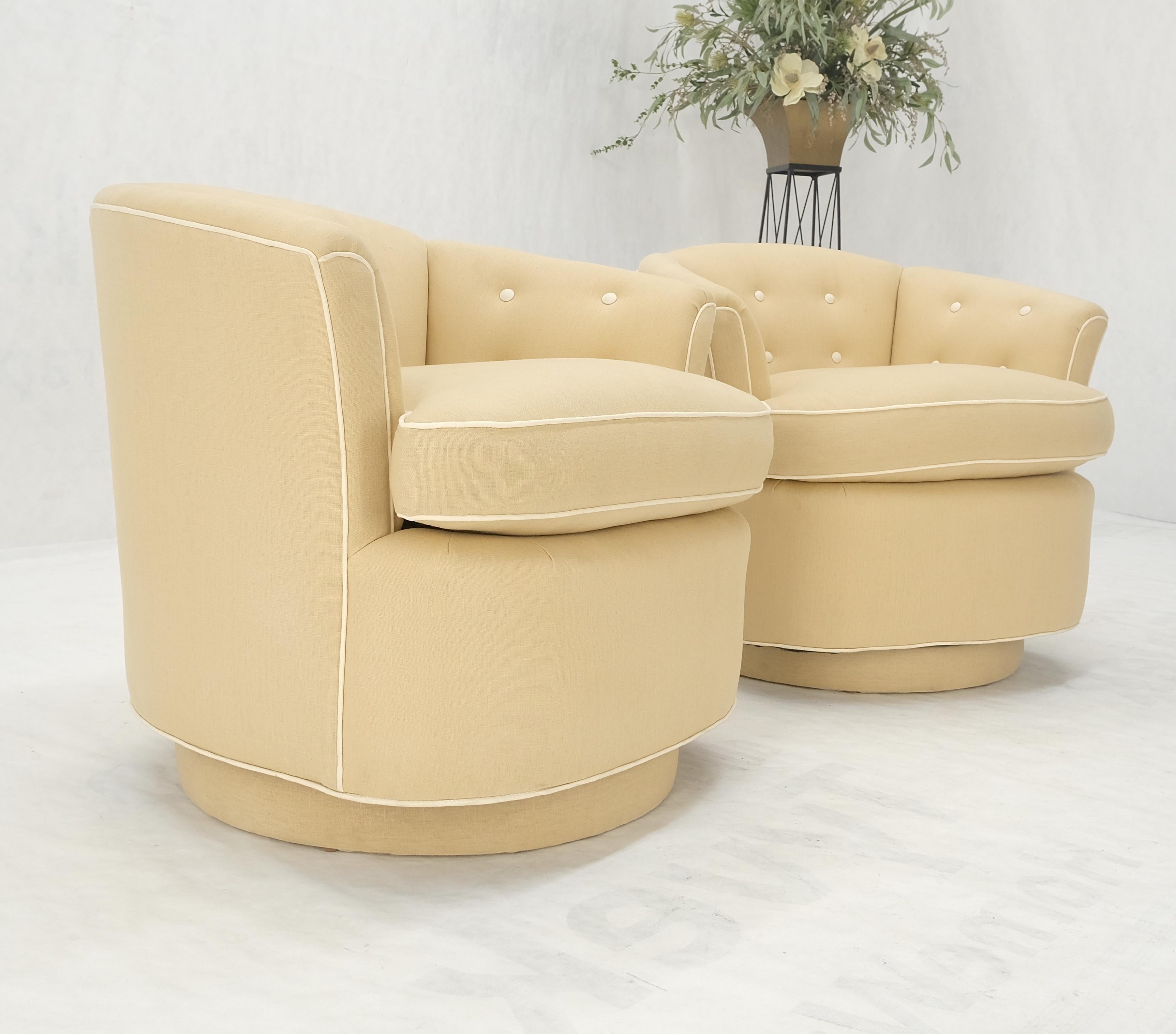 Pair of New Linen Upholstery Round Swivel Tub Barrel Back Chairs Baughman MINT! For Sale 4