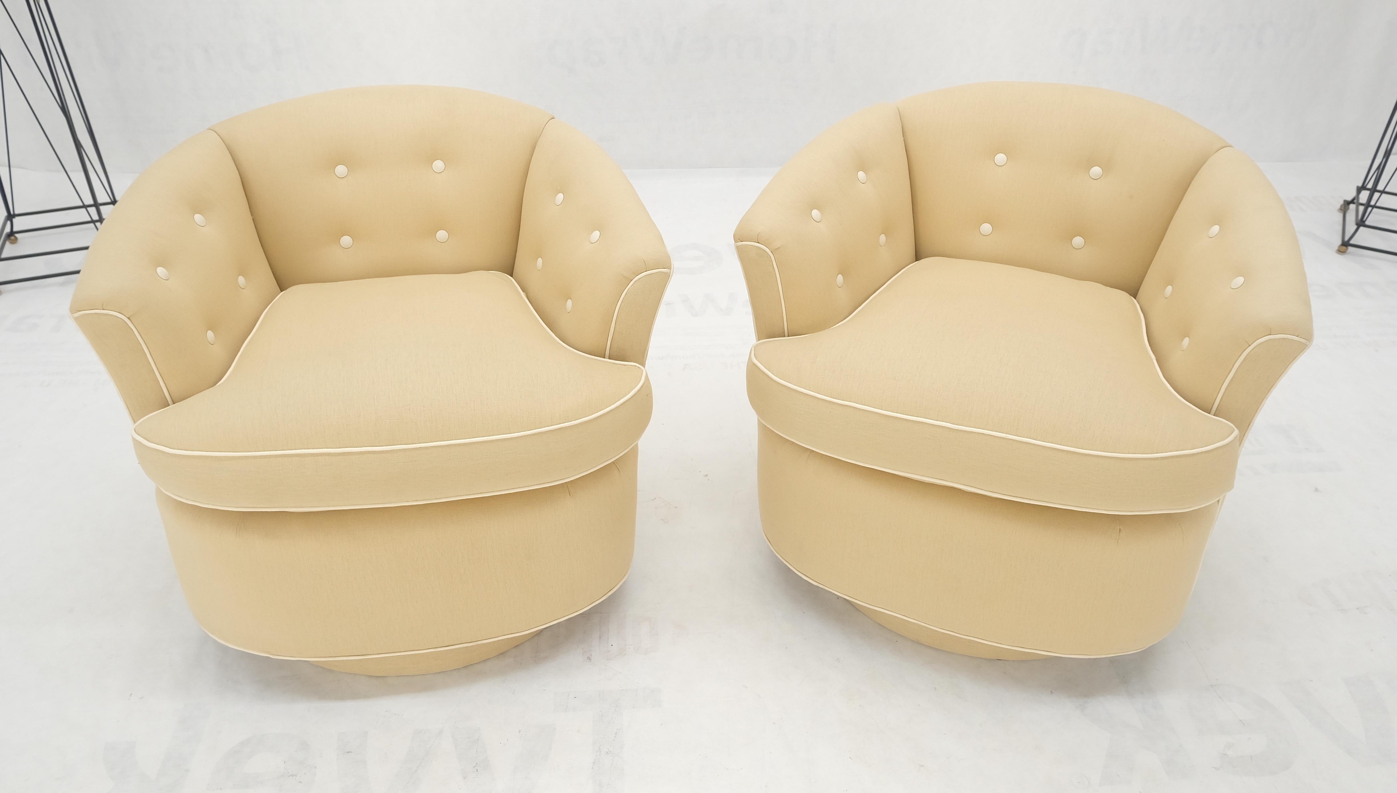 Pair of New Linen Upholstery Round Swivel Tub Barrel Back Chairs Baughman MINT! For Sale 5