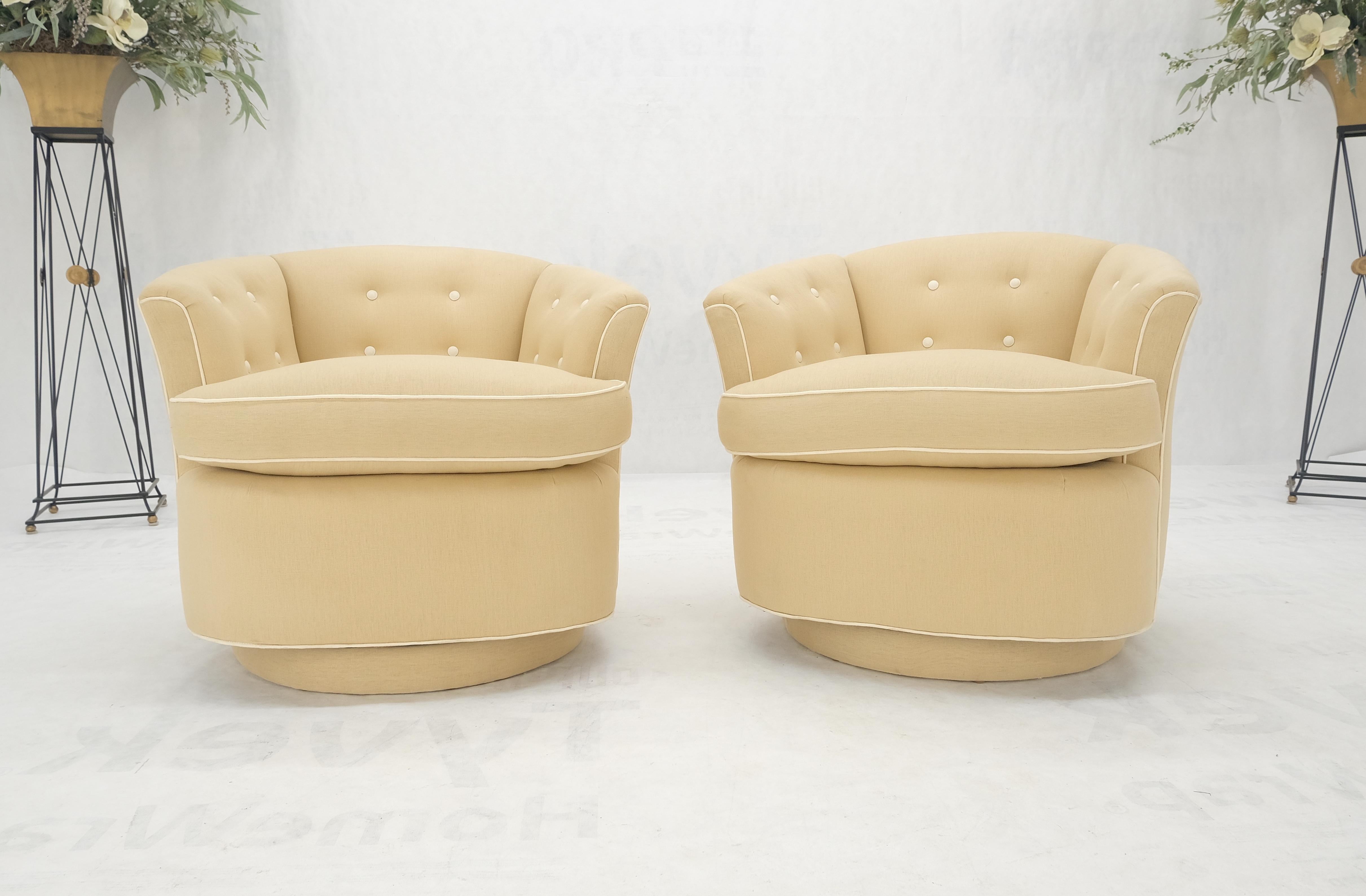 Pair of New Linen Upholstery Round Swivel Tub Barrel Back Chairs Baughman MINT! For Sale 7