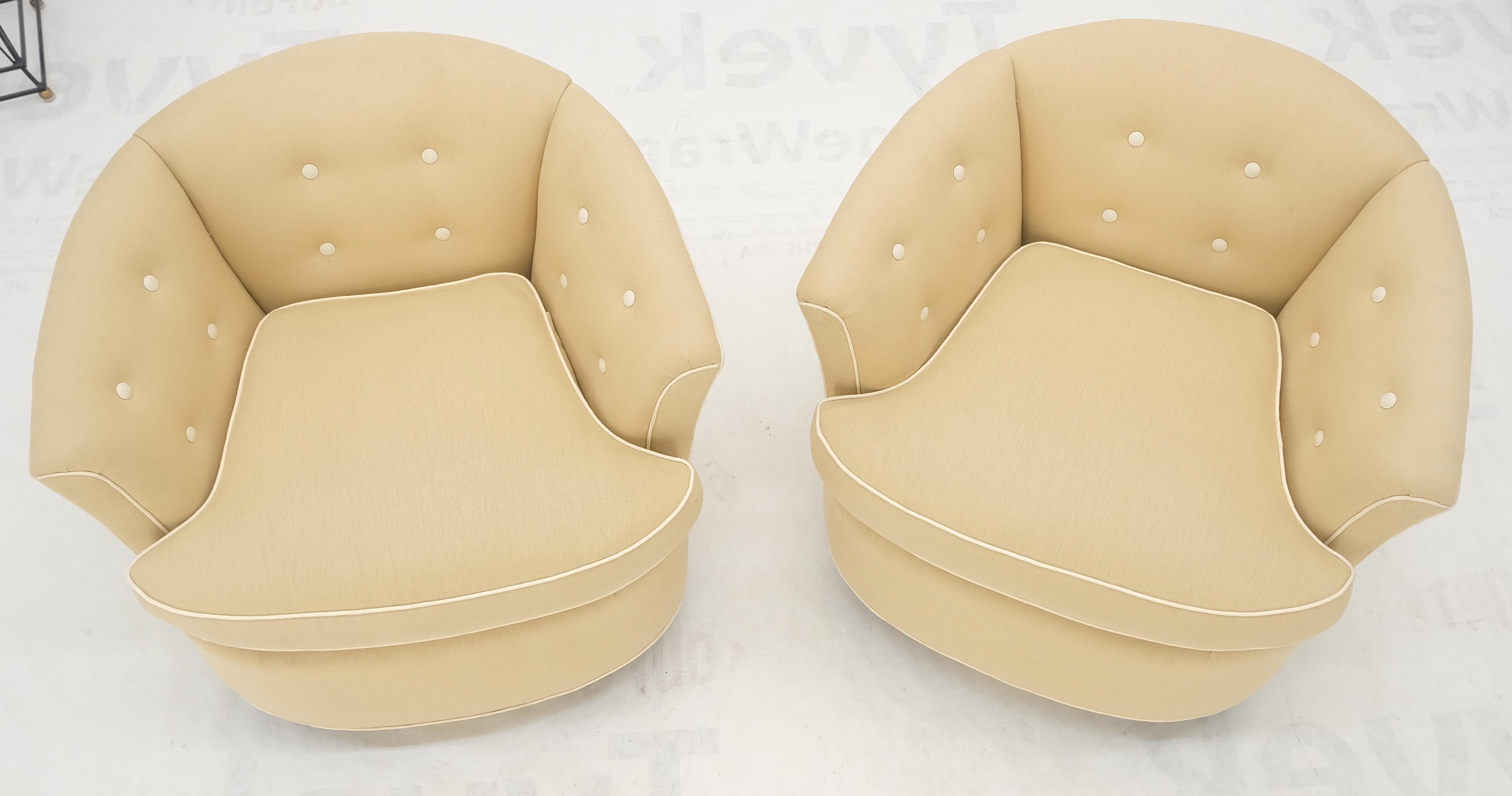 Pair of New Linen Upholstery Round Swivel Tub Barrel Back Chairs Baughman MINT! For Sale 8