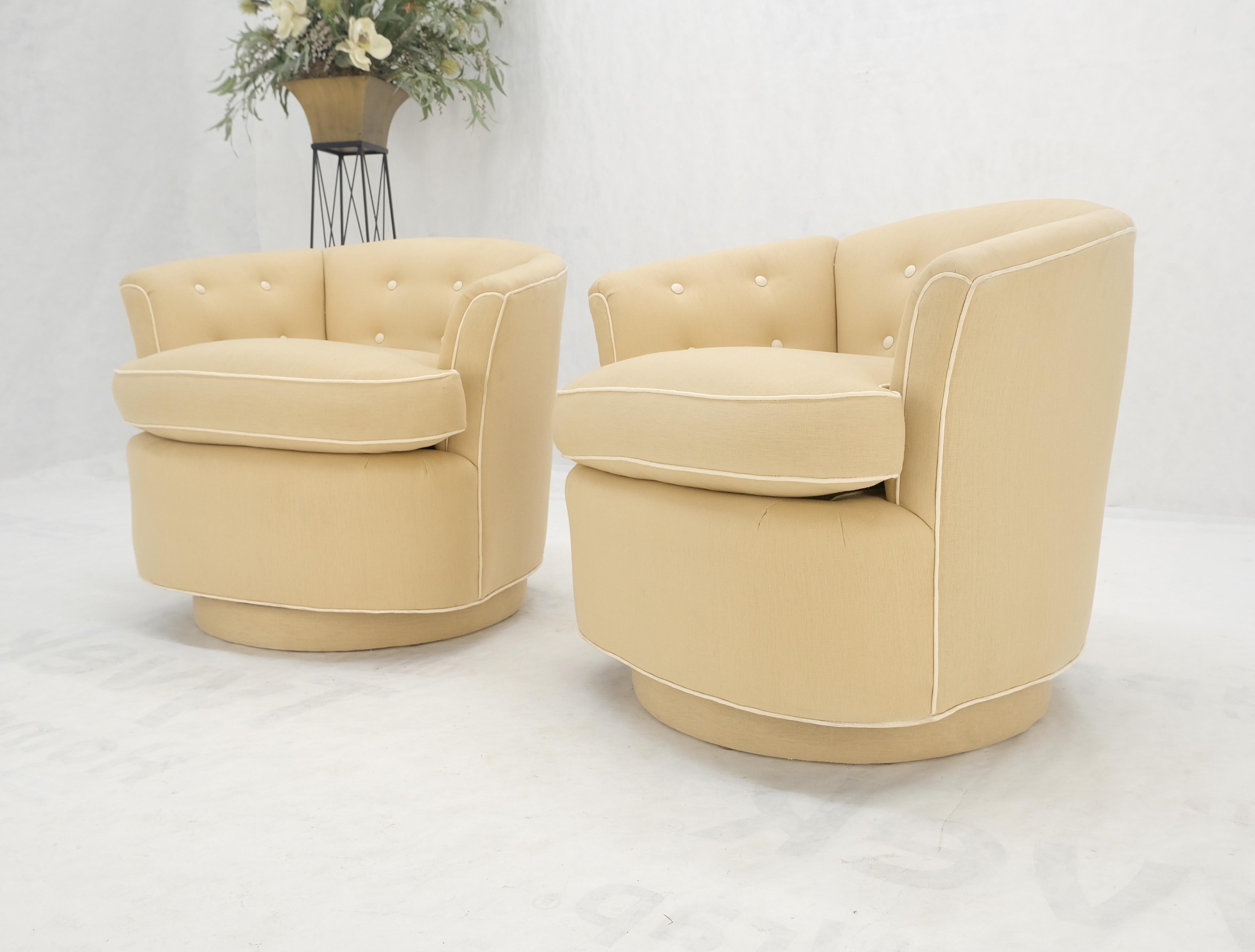 Pair of New Linen Upholstery Round Swivel Tub Barrel Back Chairs Baughman MINT! For Sale 9