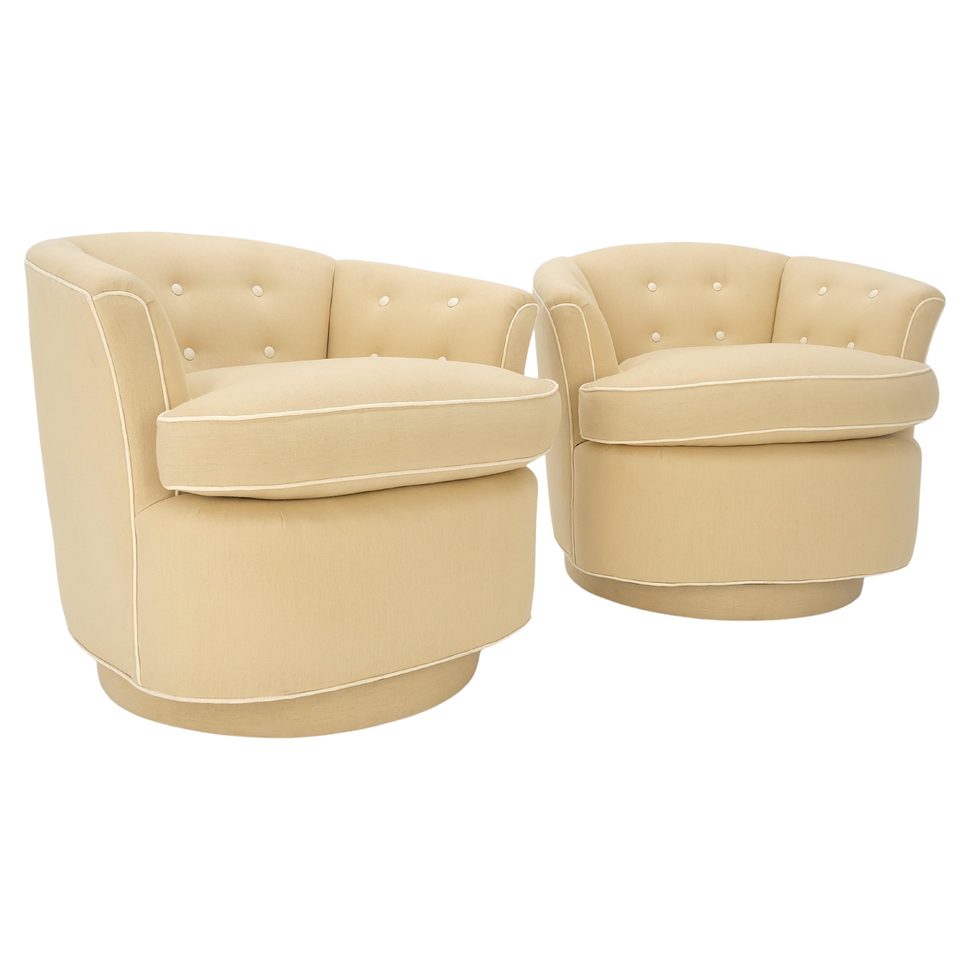 Pair of New Linen Upholstery Round Swivel Tub Barrel Back Chairs Baughman MINT! For Sale