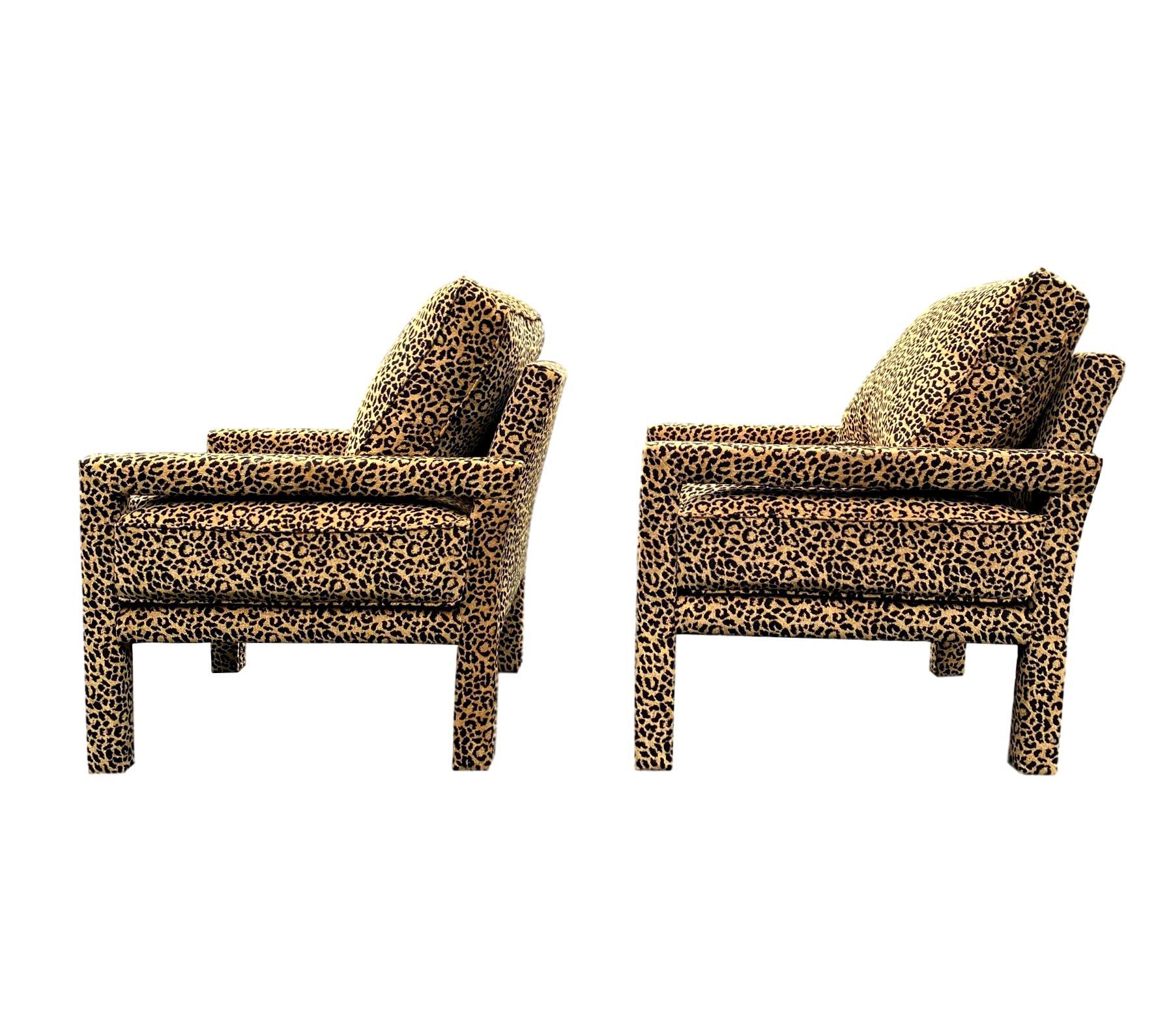 Pair of New Milo Baughman style iconic 'Parsons chairs' upholstered in ultra-luxurious leopard chenille. Our chairs are handcrafted and upholstered from new materials and new fabric by the best craftsmen and artisans in Morganton, NC, a center for