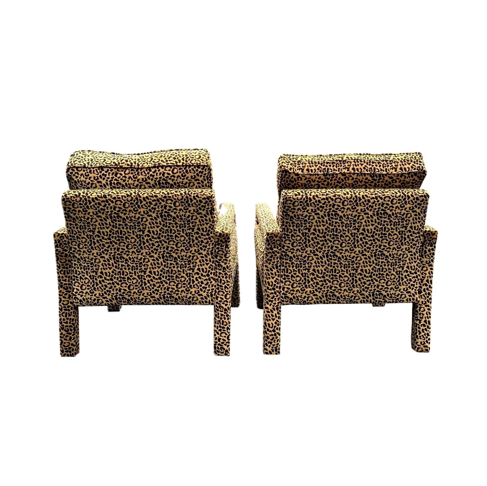 Mid-Century Modern Pair of New Milo Baughman Style Iconic Parsons Chairs in Leopard Chenille