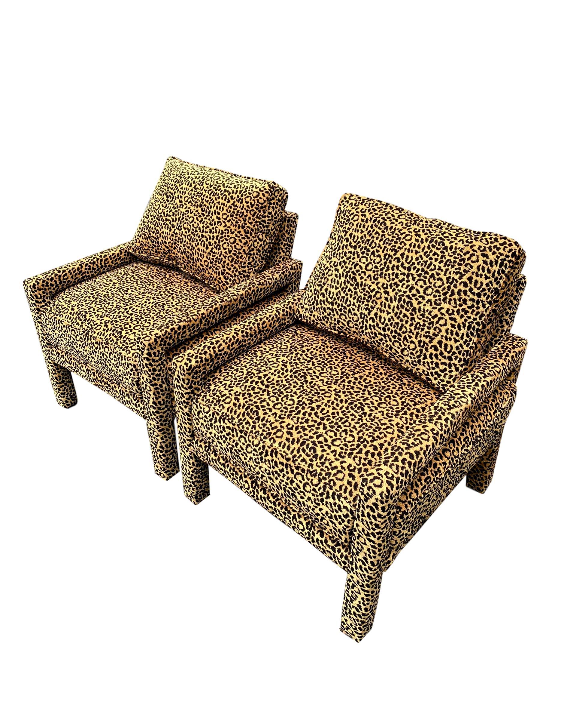 American Pair of New Milo Baughman Style Iconic Parsons Chairs in Leopard Chenille