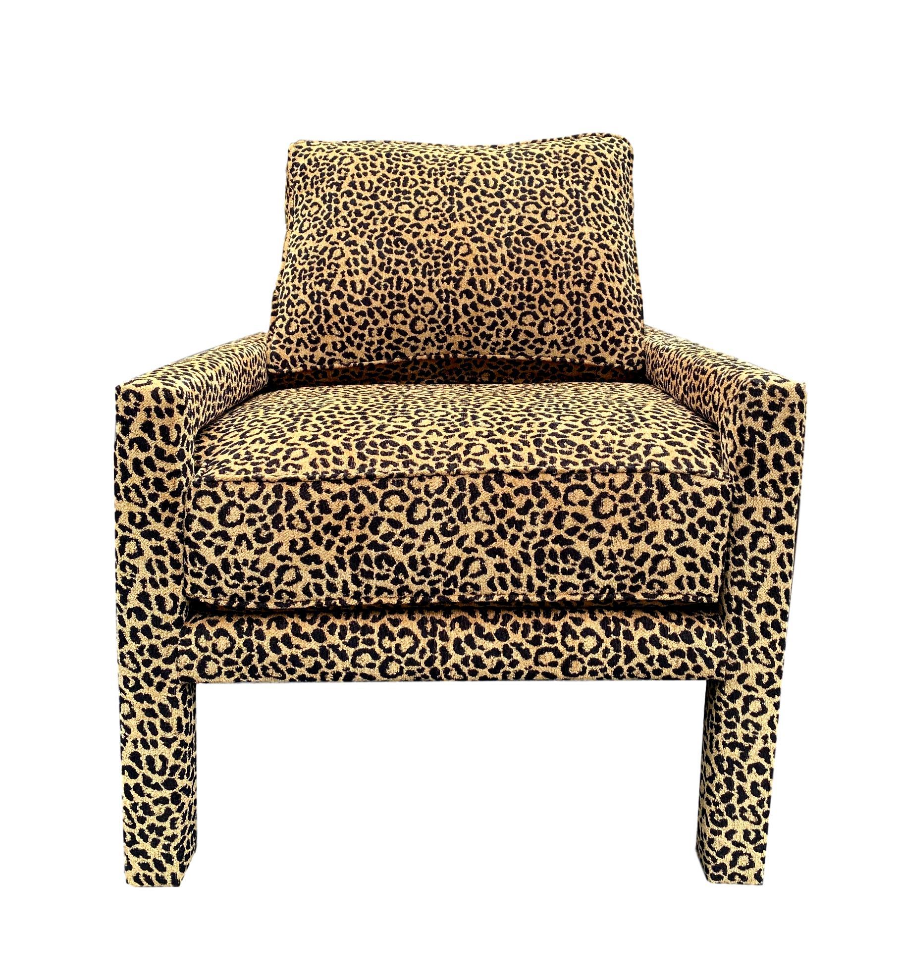 Hand-Crafted Pair of New Milo Baughman Style Iconic Parsons Chairs in Leopard Chenille