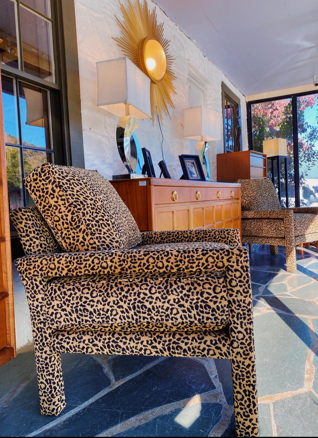 Pair of New Milo Baughman Style Iconic Parsons Chairs in Leopard Chenille In New Condition In Banner Elk, NC