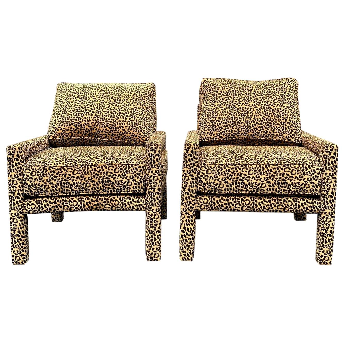 Pair of New Milo Baughman Style Iconic Parsons Chairs in Leopard Chenille