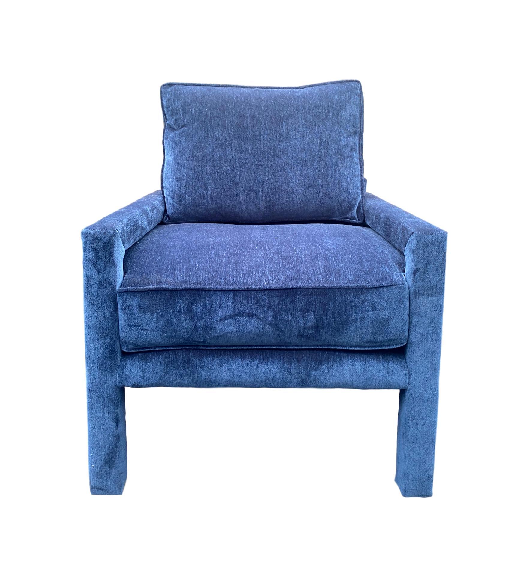 Pair of New Milo Baughman style iconic 'Parsons chairs' upholstered in ultra-luxurious velvet in Pantone Classic blue. Our chairs are handcrafted and upholstered from new materials and new fabric by the best craftsmen and artisans in Morganton, NC,