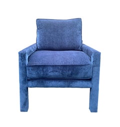 Pair of New Milo Baughman Style Iconic Parsons Chairs, Pantone Blue Velvet