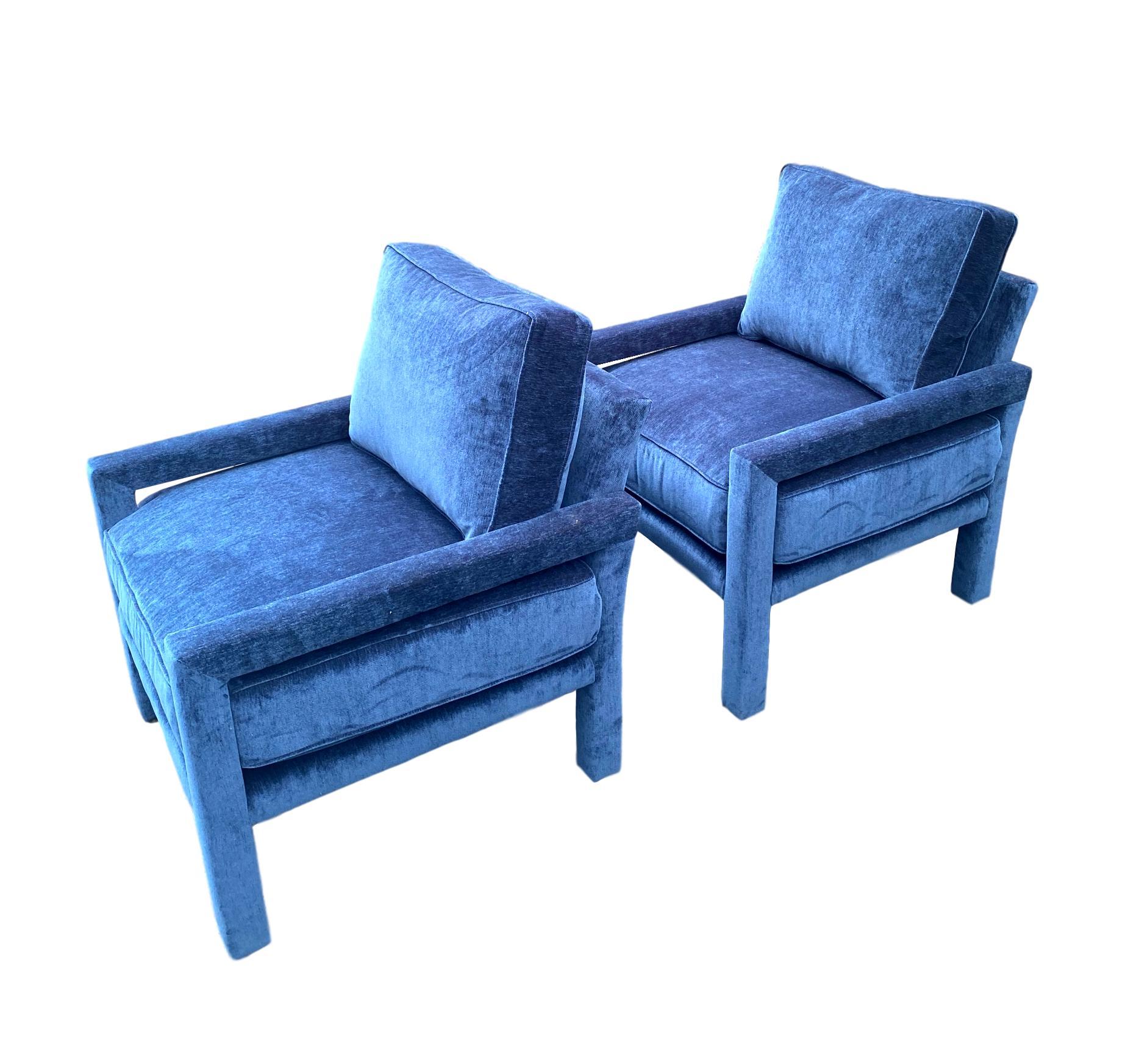 Mid-Century Modern Pair of New Milo Baughman Style Iconic Parsons Chairs, Pantone Blue Velvet
