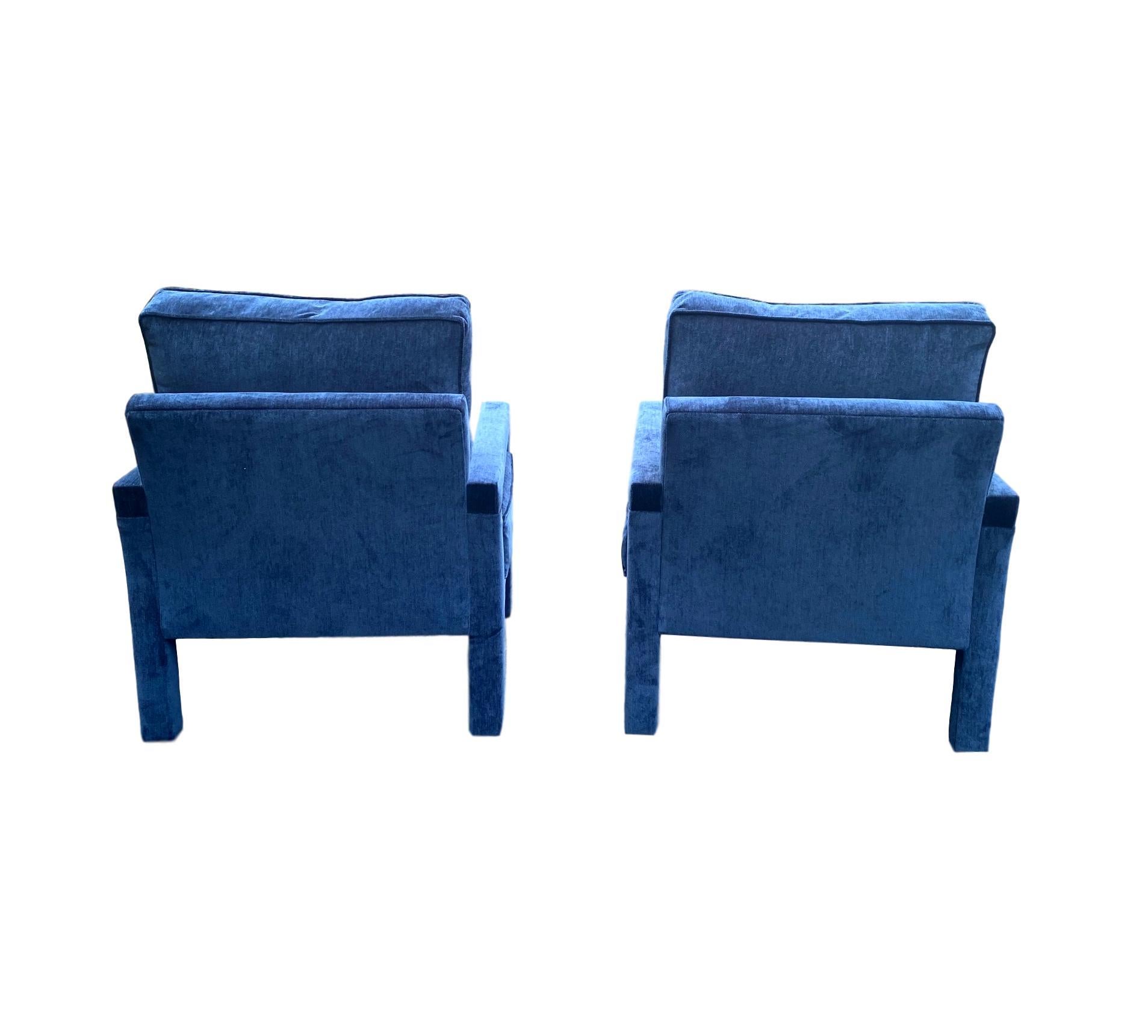 American Pair of New Milo Baughman Style Iconic Parsons Chairs, Pantone Blue Velvet